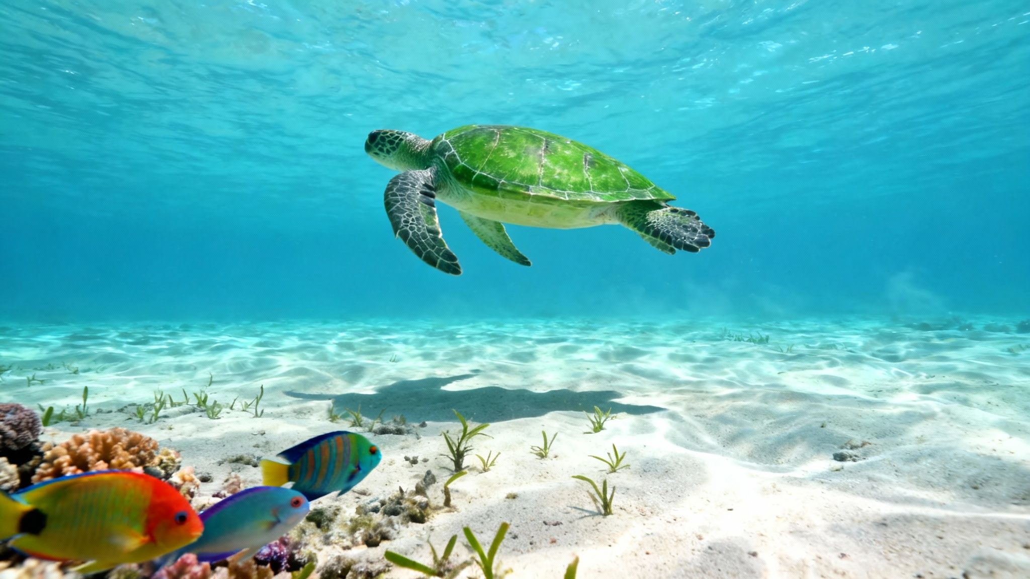 A Hawaiian Green Sea Turtle glides over a coral reef on the Big Island.
