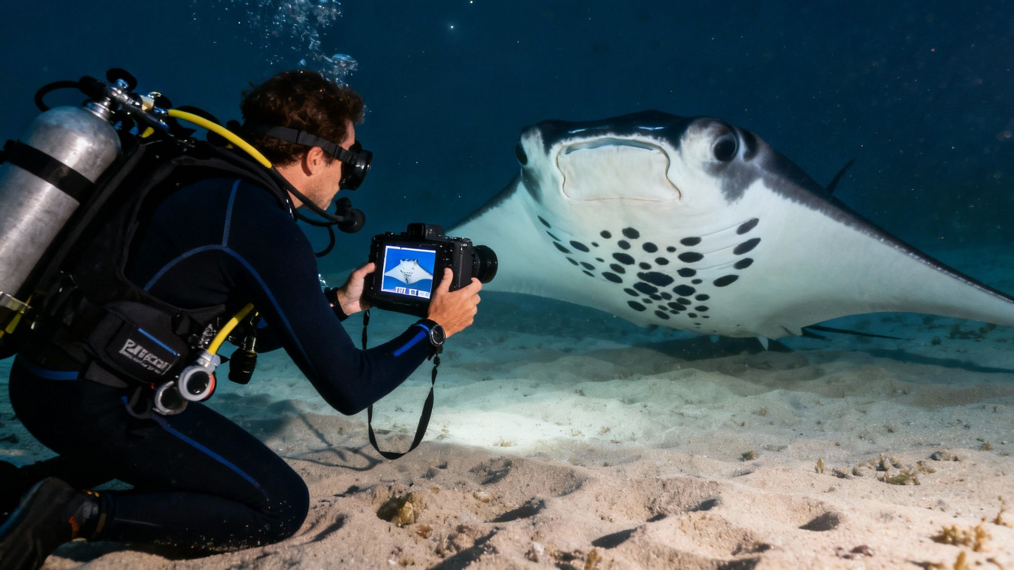 A diver with an underwater camera capturing a close-up of a spotted manta ray near a sandy seabed.