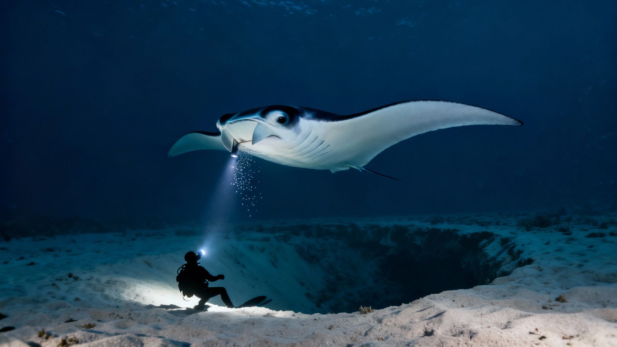 An underwater diver shines a light on a majestic manta ray above a sandy ocean floor.