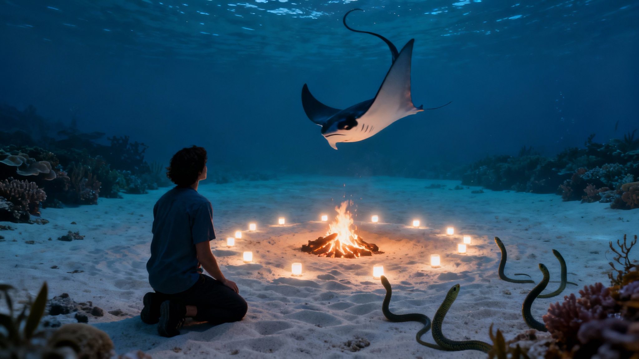 A person kneels on the ocean floor, watching a manta ray above a glowing campfire and lights, with snakes and coral.