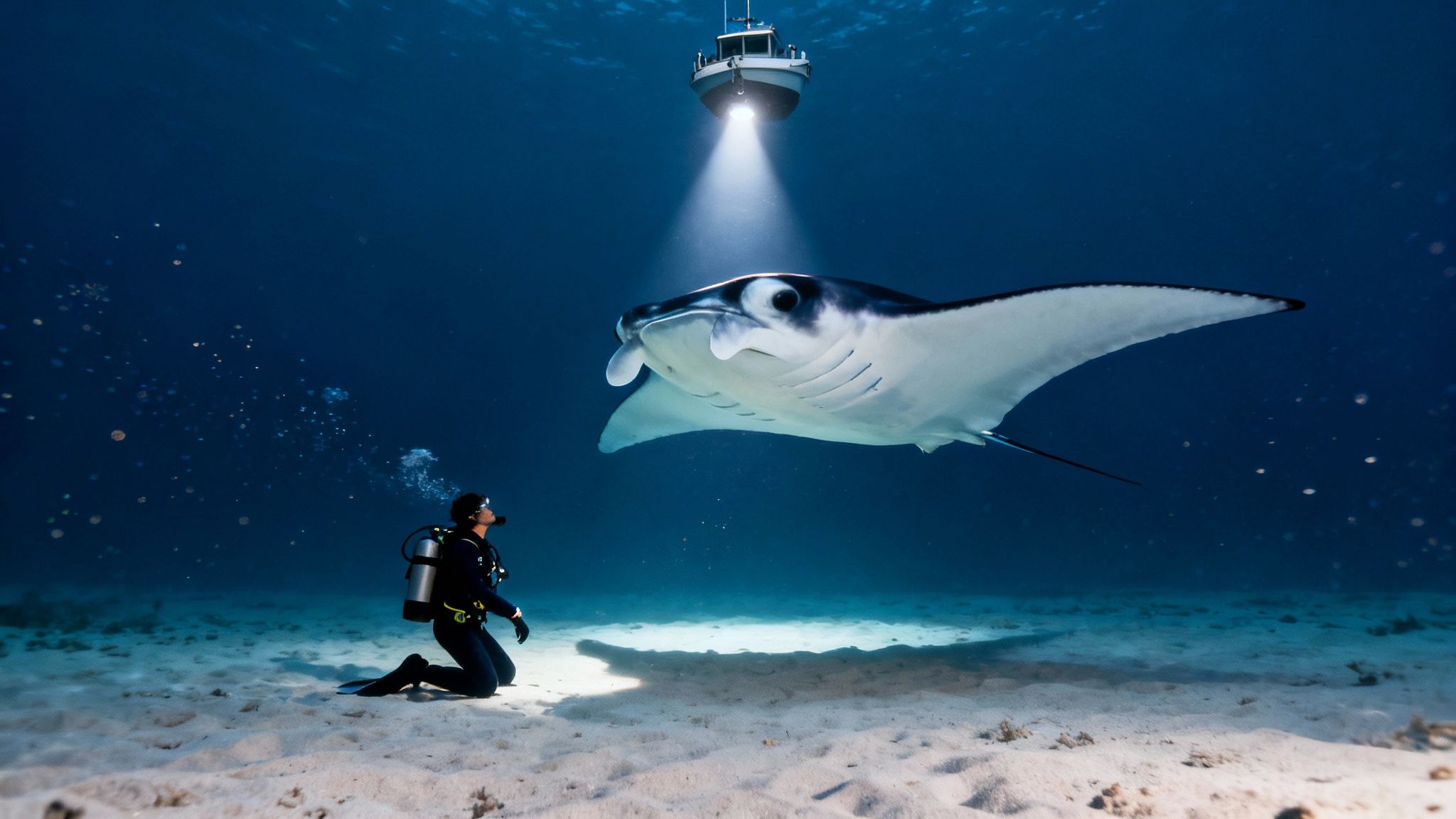 A manta ray gracefully swims over divers during a night dive in Kona.