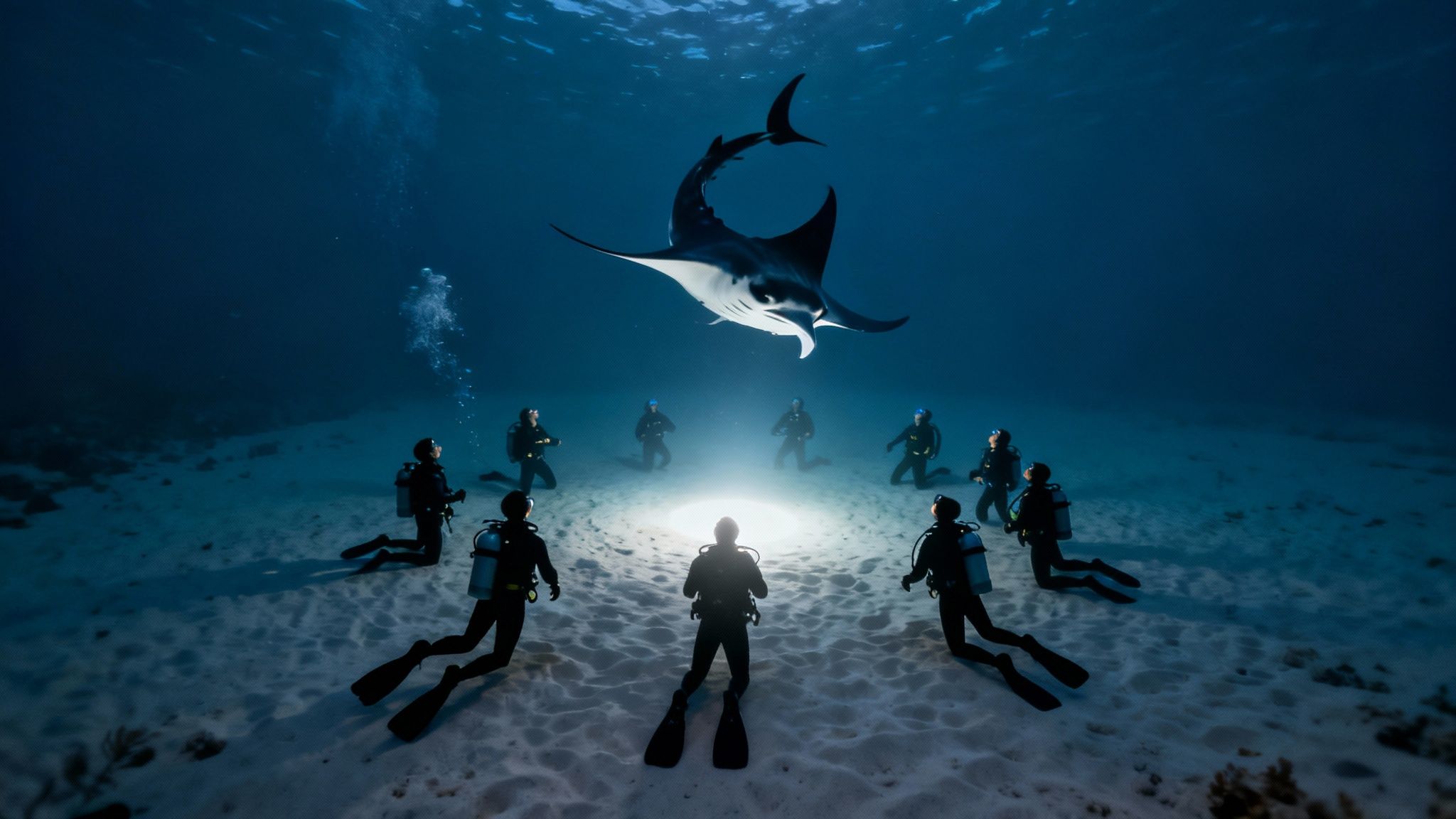 Several manta rays feeding in the glow of dive lights during a night dive in Kona.