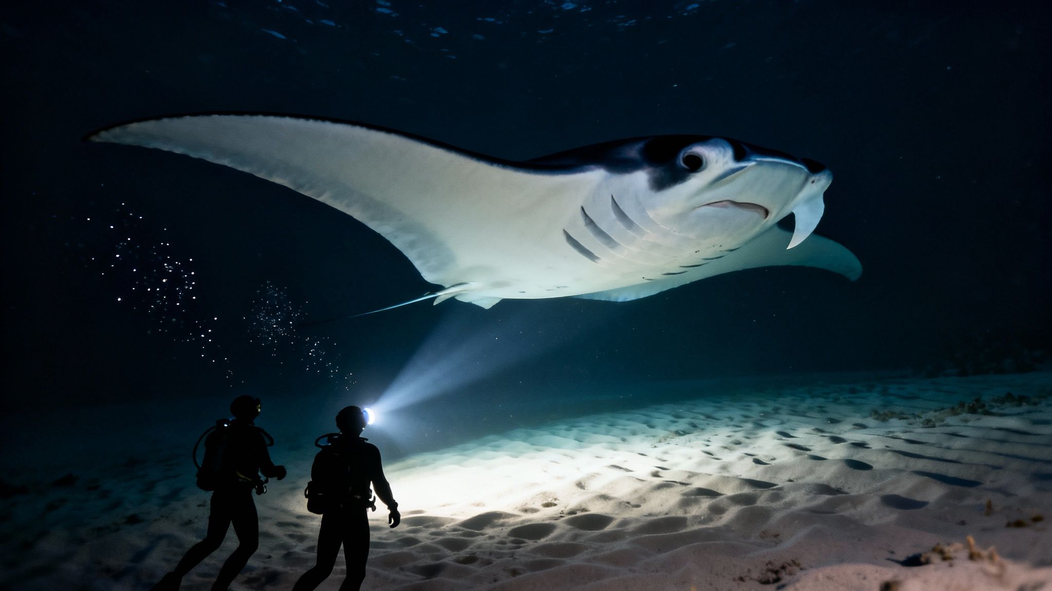 Two divers with headlamps illuminate a large manta ray swimming above them in dark water with a sandy seabed.