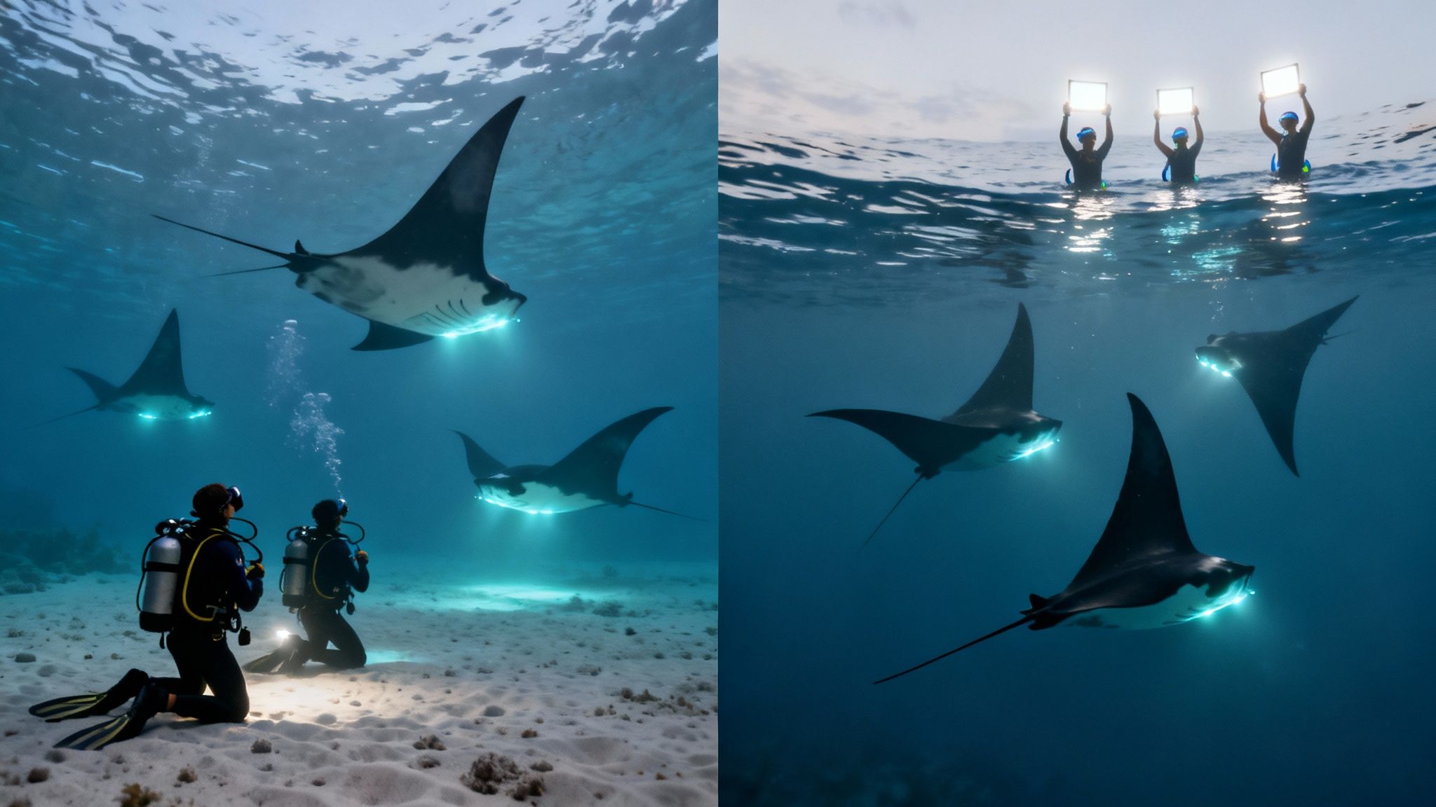 Underwater divers and surface observers attract majestic glowing manta rays during a night dive.