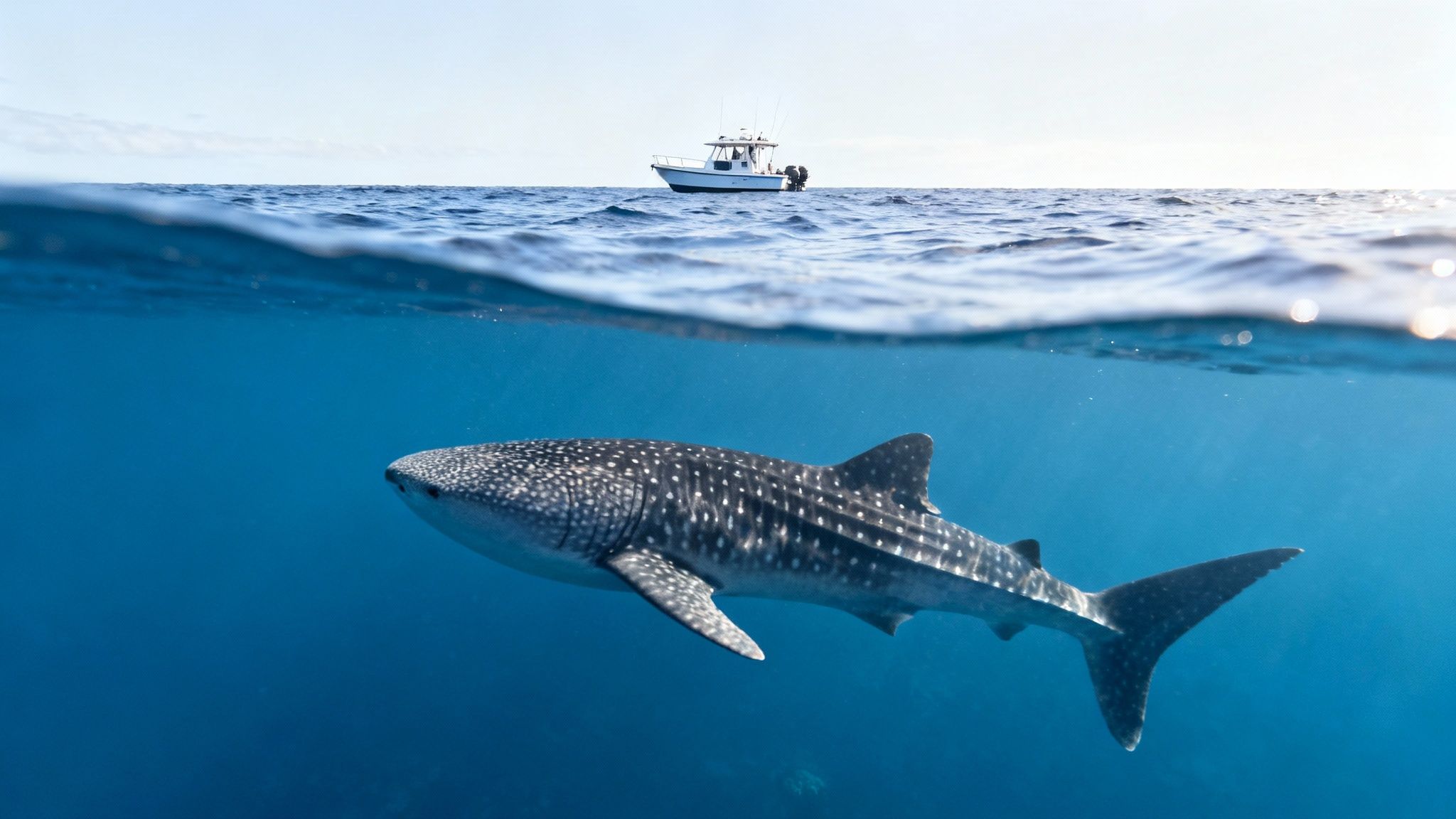 A massive whale shark swimming gracefully near the ocean surface with its distinctive spots visible.