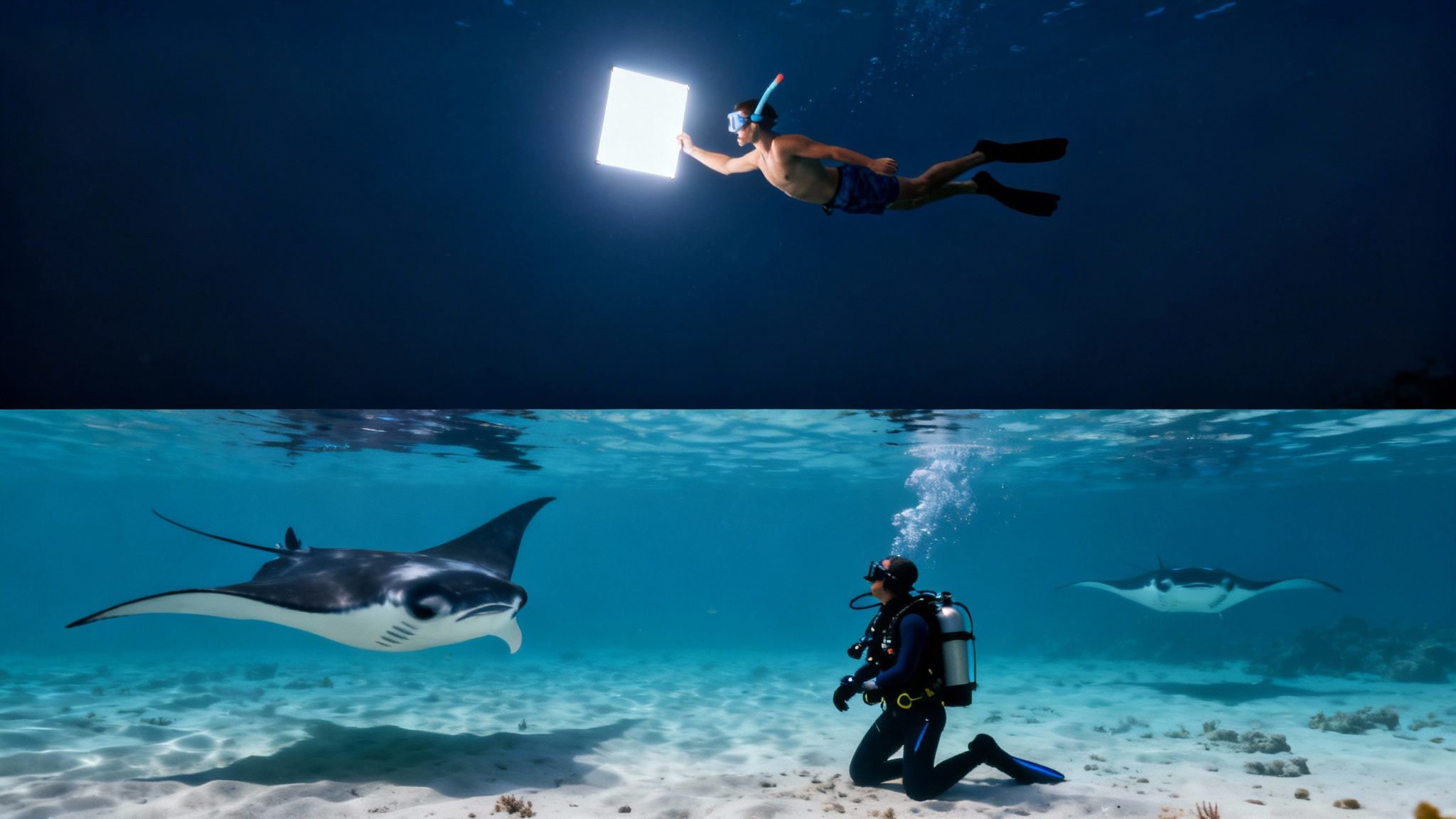 A snorkeler holds onto a light board at night, watching manta rays below