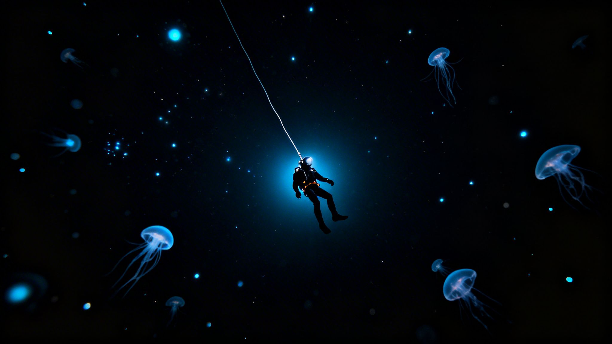 A lone diver descends into a dark, bioluminescent abyss surrounded by glowing jellyfish.