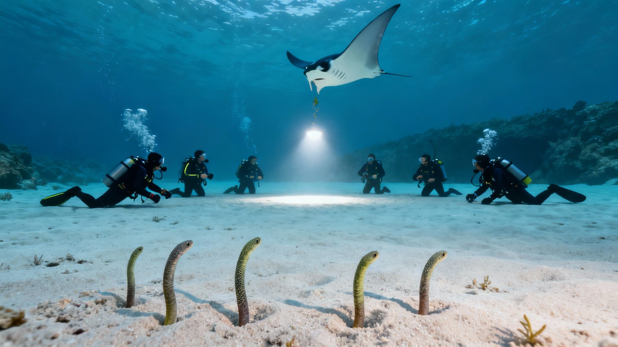 Divers observe a manta ray feeding under a bright light on a sandy seabed with garden eels.