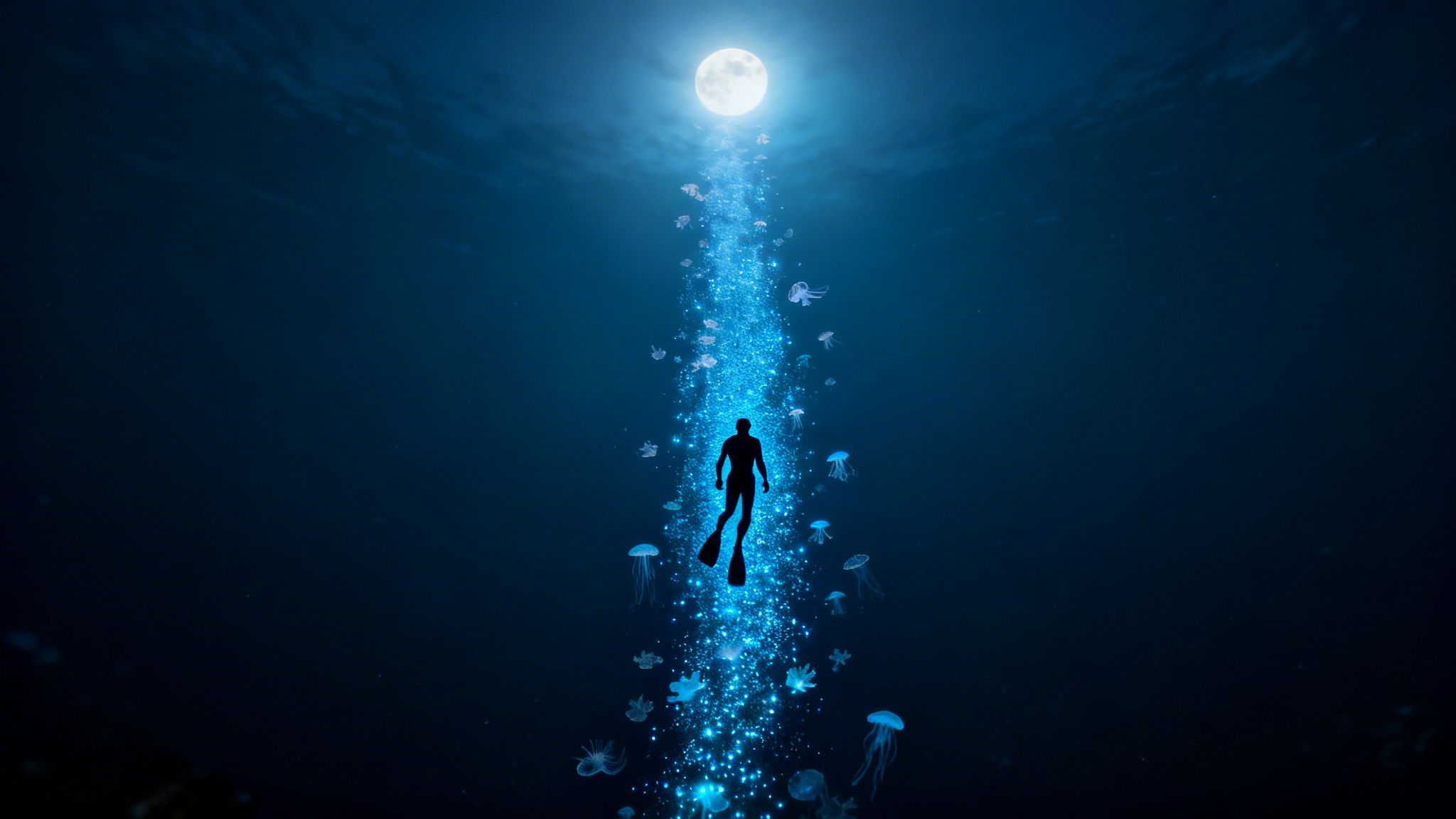 A lone diver ascends underwater towards a luminous moonbeam, surrounded by glowing jellyfish.