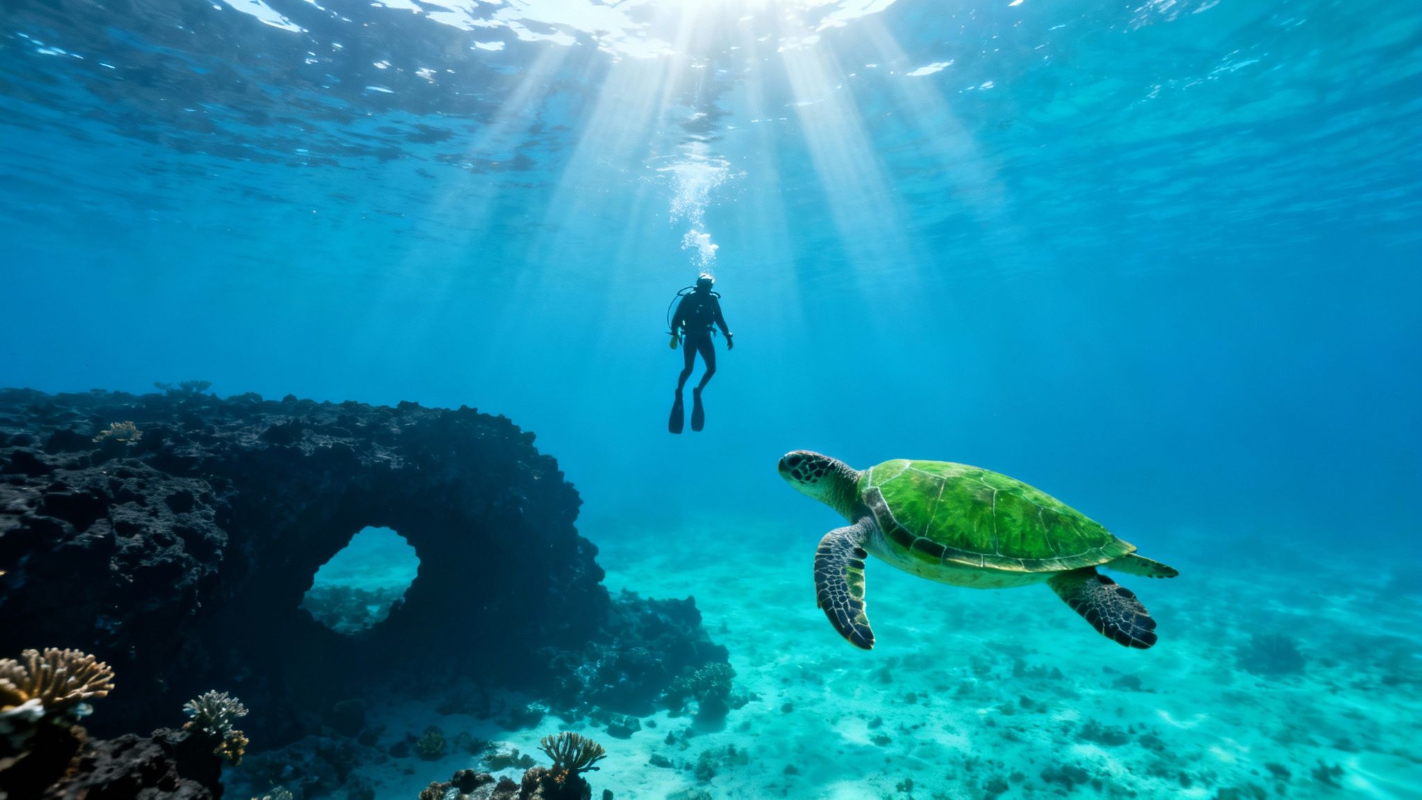 A scuba diver explores vibrant coral reefs with a green sea turtle under sunlit clear blue water.
