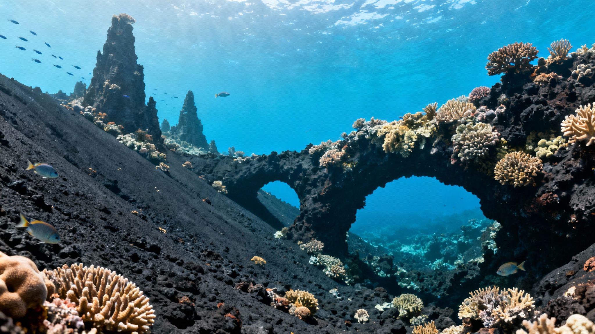 Stunning underwater volcanic rock formations with arches, vibrant corals, and schooling fish in clear blue water.
