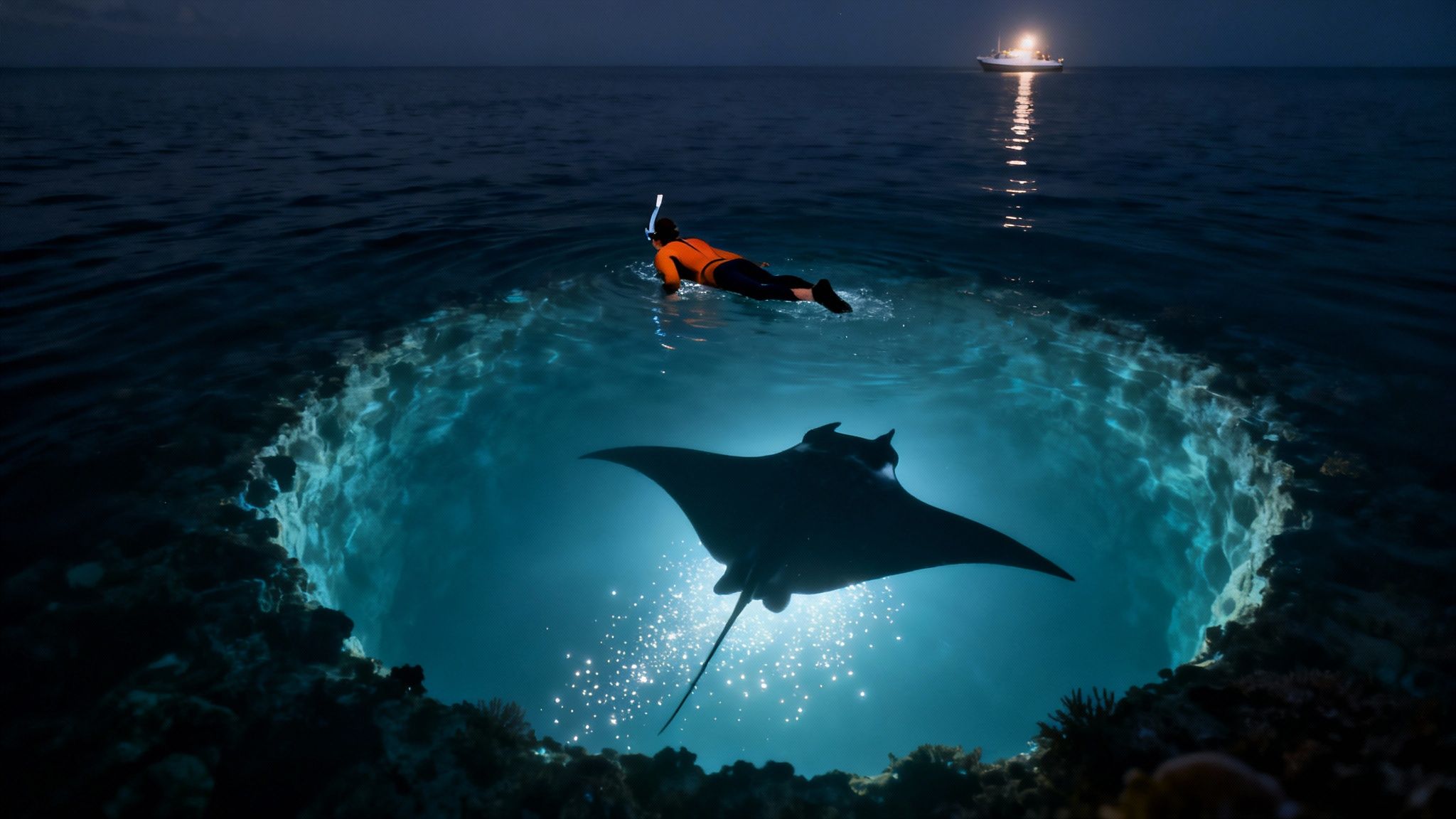 A person snorkeling at night observes a majestic manta ray swimming in brightly illuminated blue ocean water.