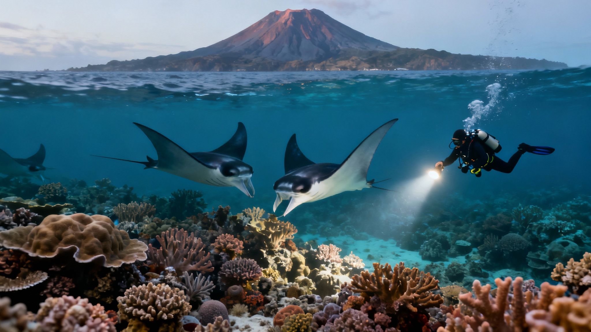 Two scuba divers exploring a vibrant coral reef in clear blue water off the Kona coast of the Big Island, Hawaii.