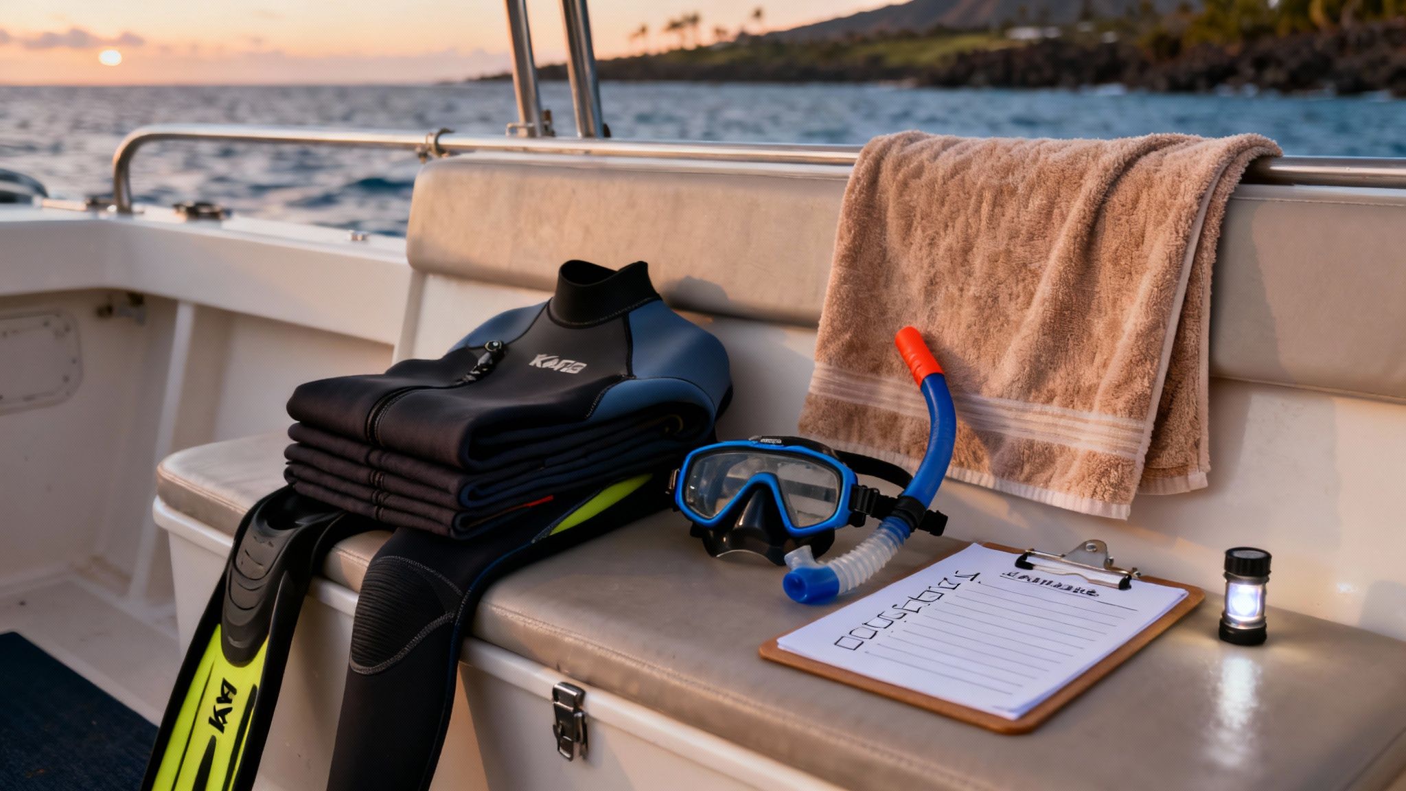 A scuba diver kneels on the sandy ocean floor, shining a light up at a manta ray swimming above