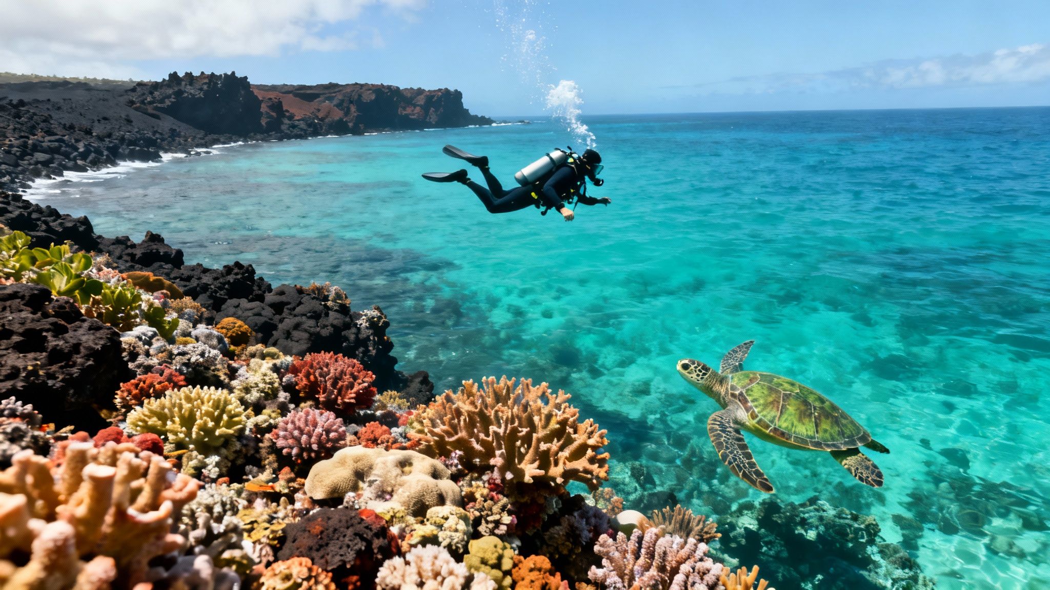 A scuba diver explores a vibrant coral reef and swims near a sea turtle in clear blue waters.