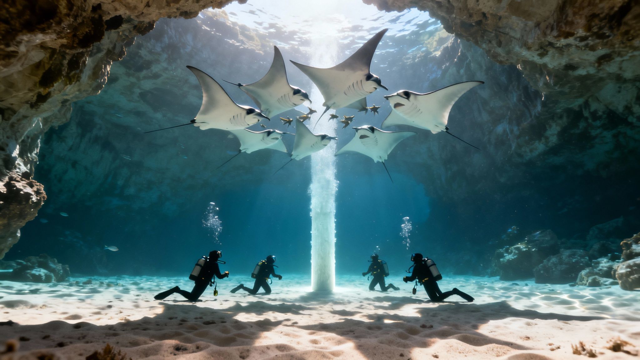 Four divers observe majestic manta rays and a light beam in an enchanting underwater cave.