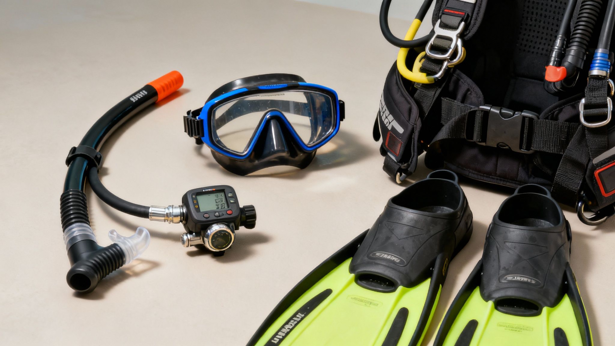 A collection of all the essential scuba diving gear, including a mask, fins, BCD, and regulator, laid out neatly.