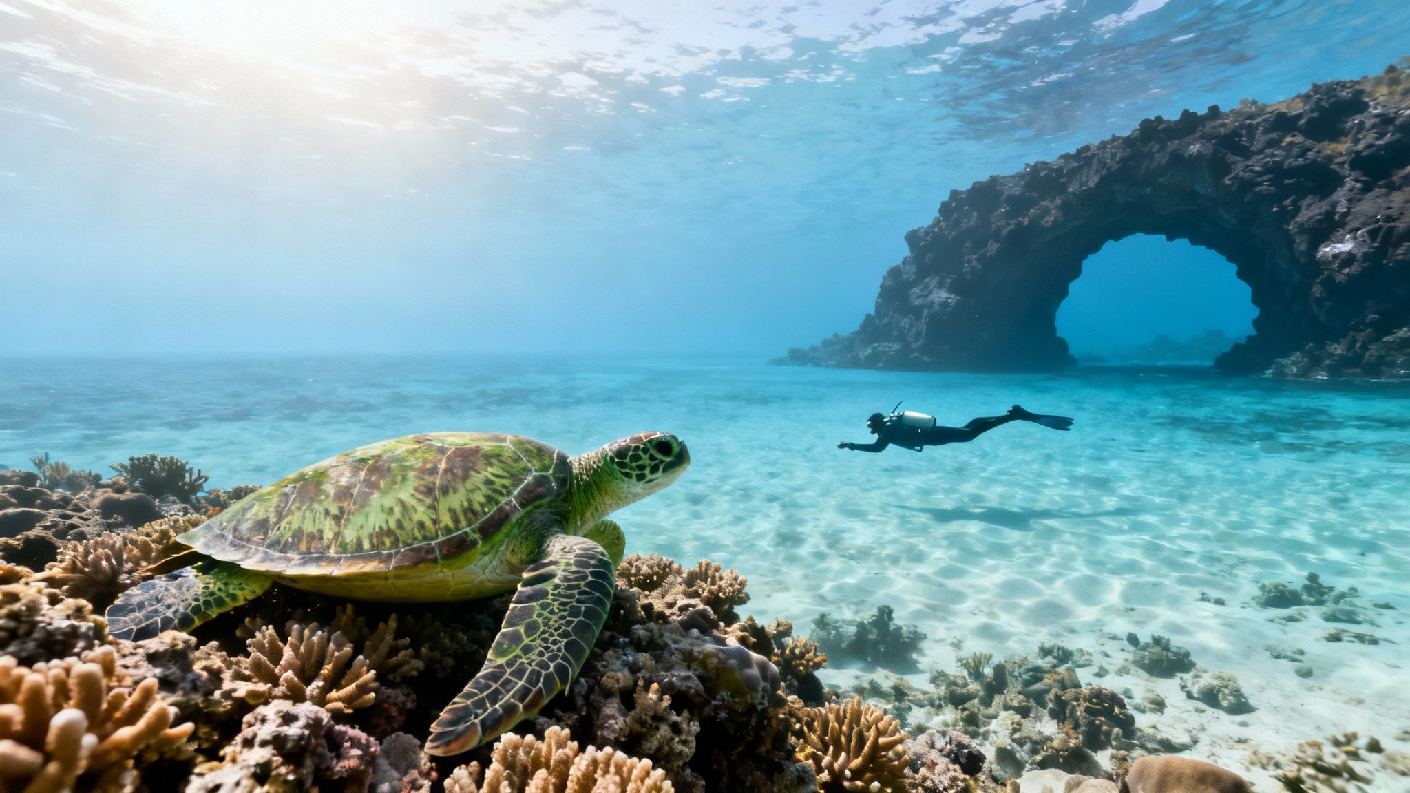 A sea turtle rests on vibrant coral, while a diver explores near a majestic underwater arch.
