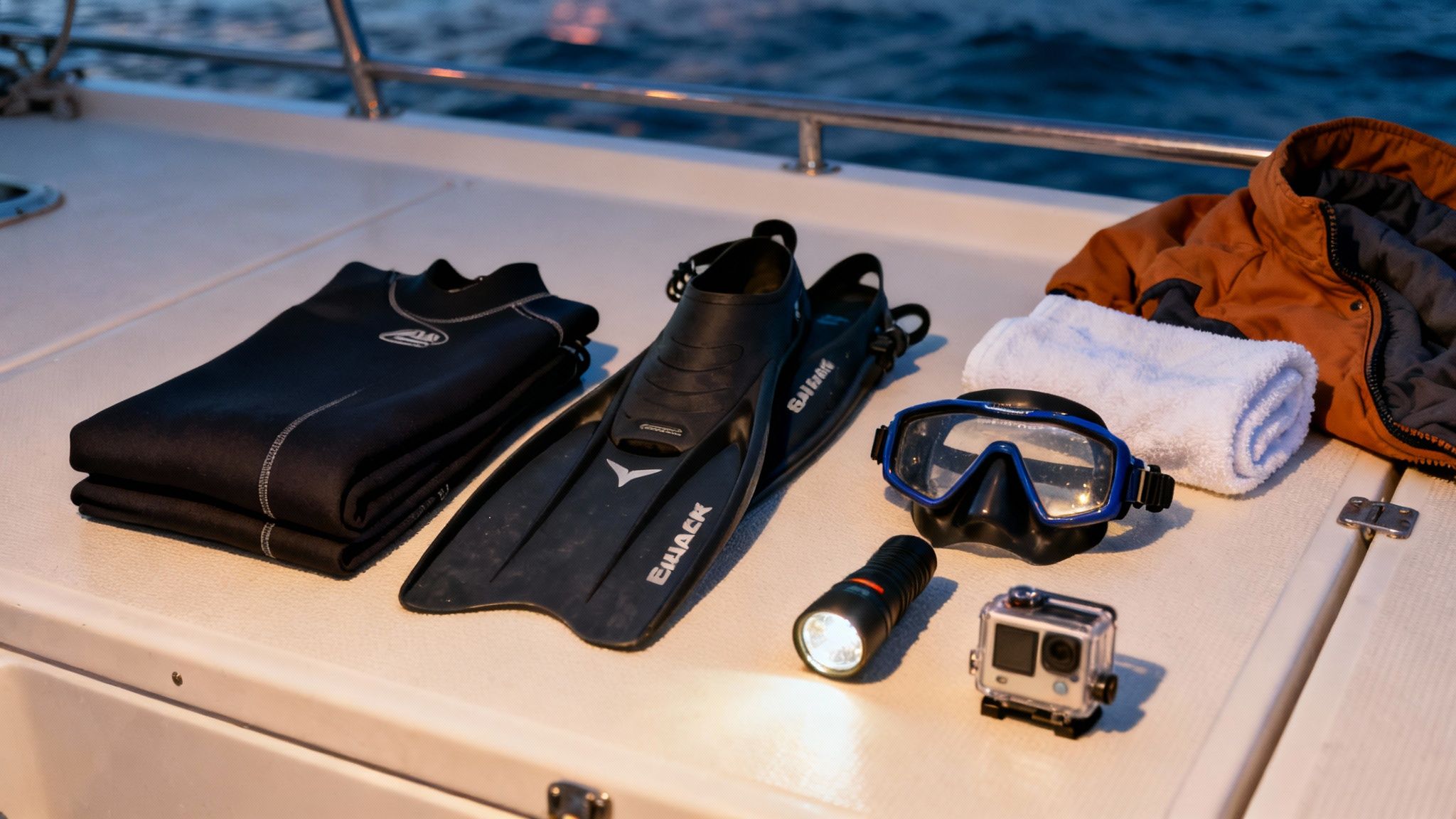 A scuba diver getting ready on a boat at sunset before a manta ray night dive in Kona.