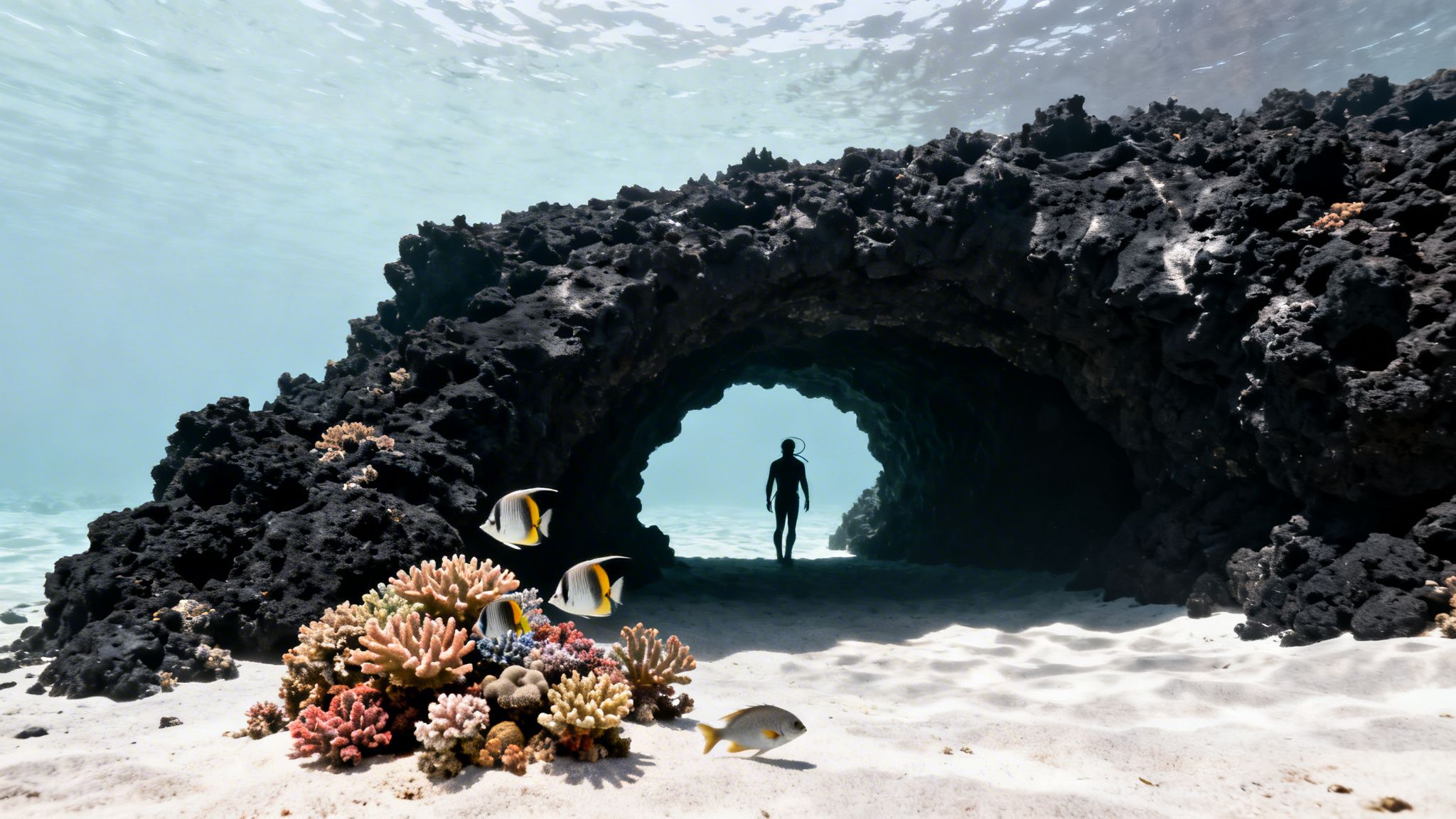 An underwater scene with a diver silhouetted in a dark cave entrance, surrounded by coral and fish.