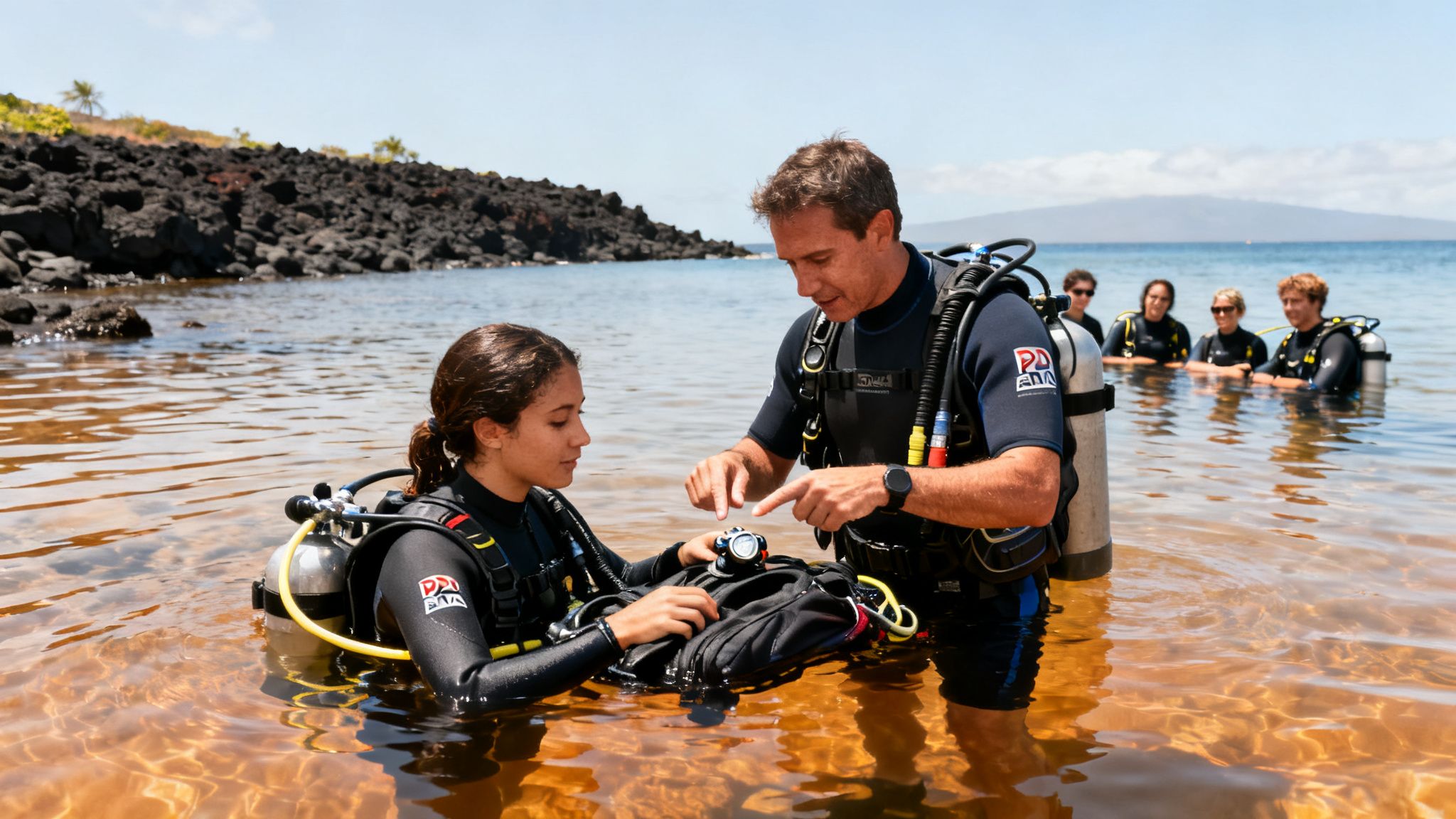 A scuba instructor points to gear while teaching a student in shallow ocean water, with more divers in the background.