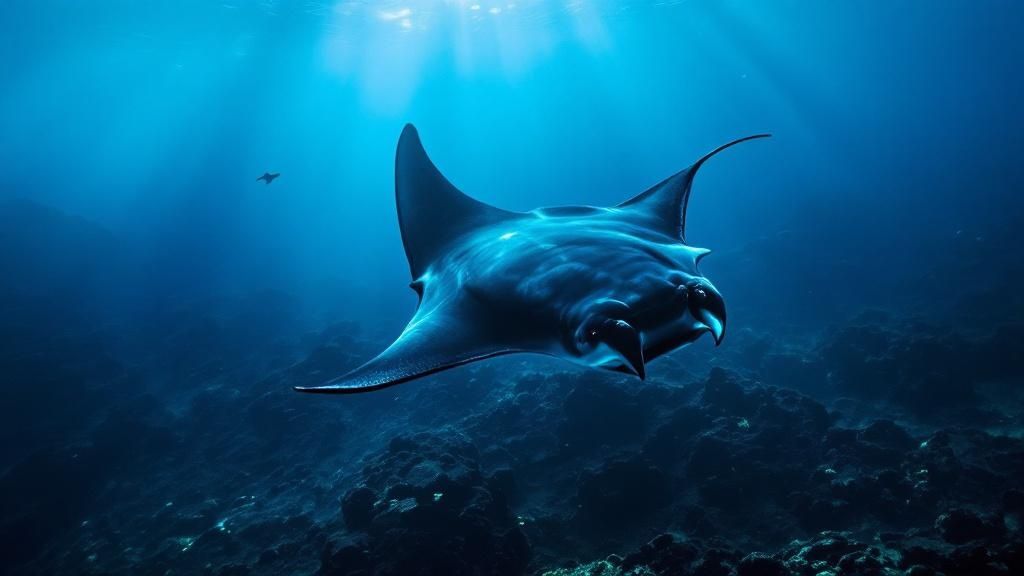 A manta ray glides gracefully over a group of scuba divers during a night dive in Kona.