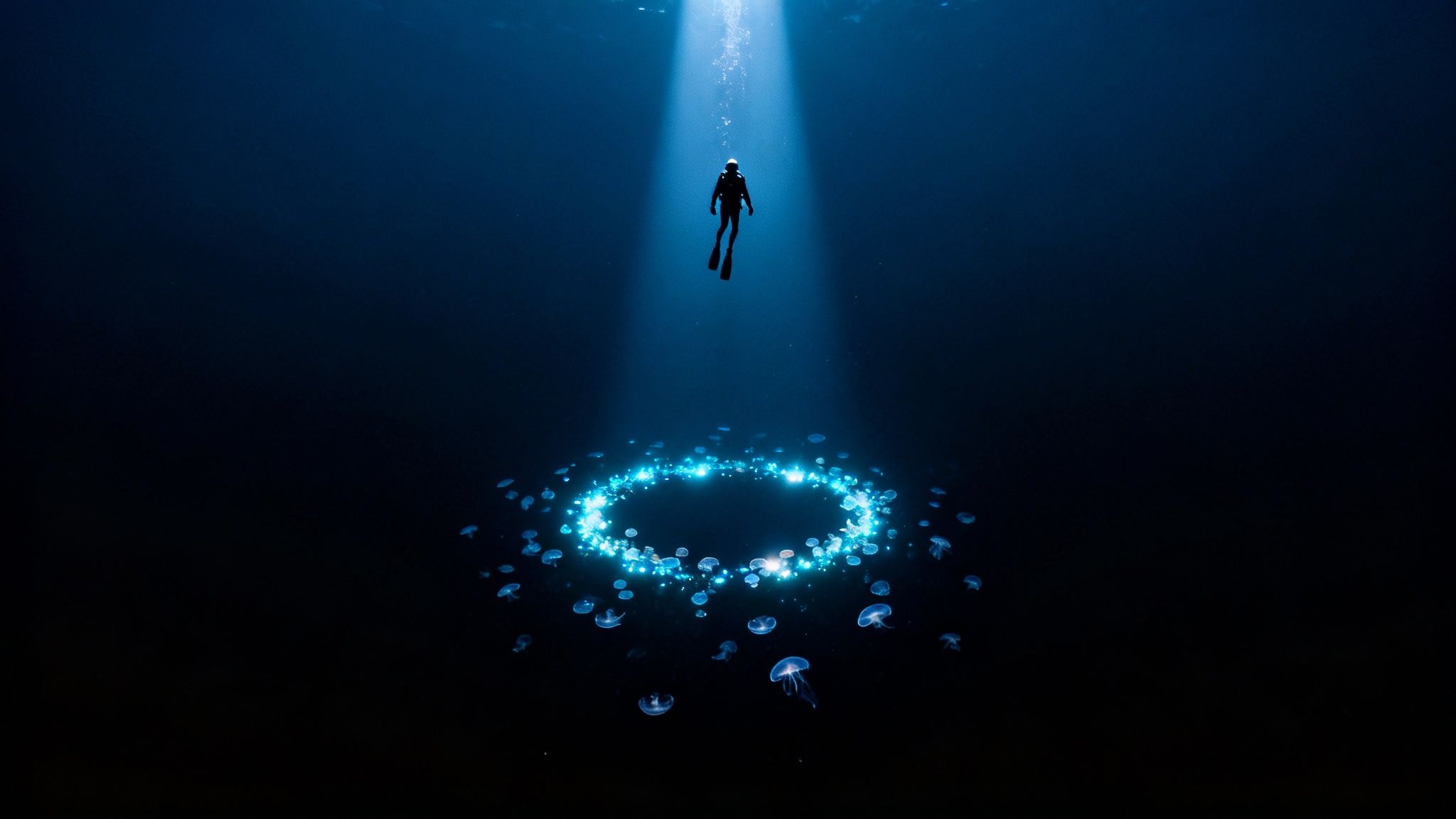 A lone diver descends into a bright light beam surrounded by a glowing ring of jellyfish underwater.
