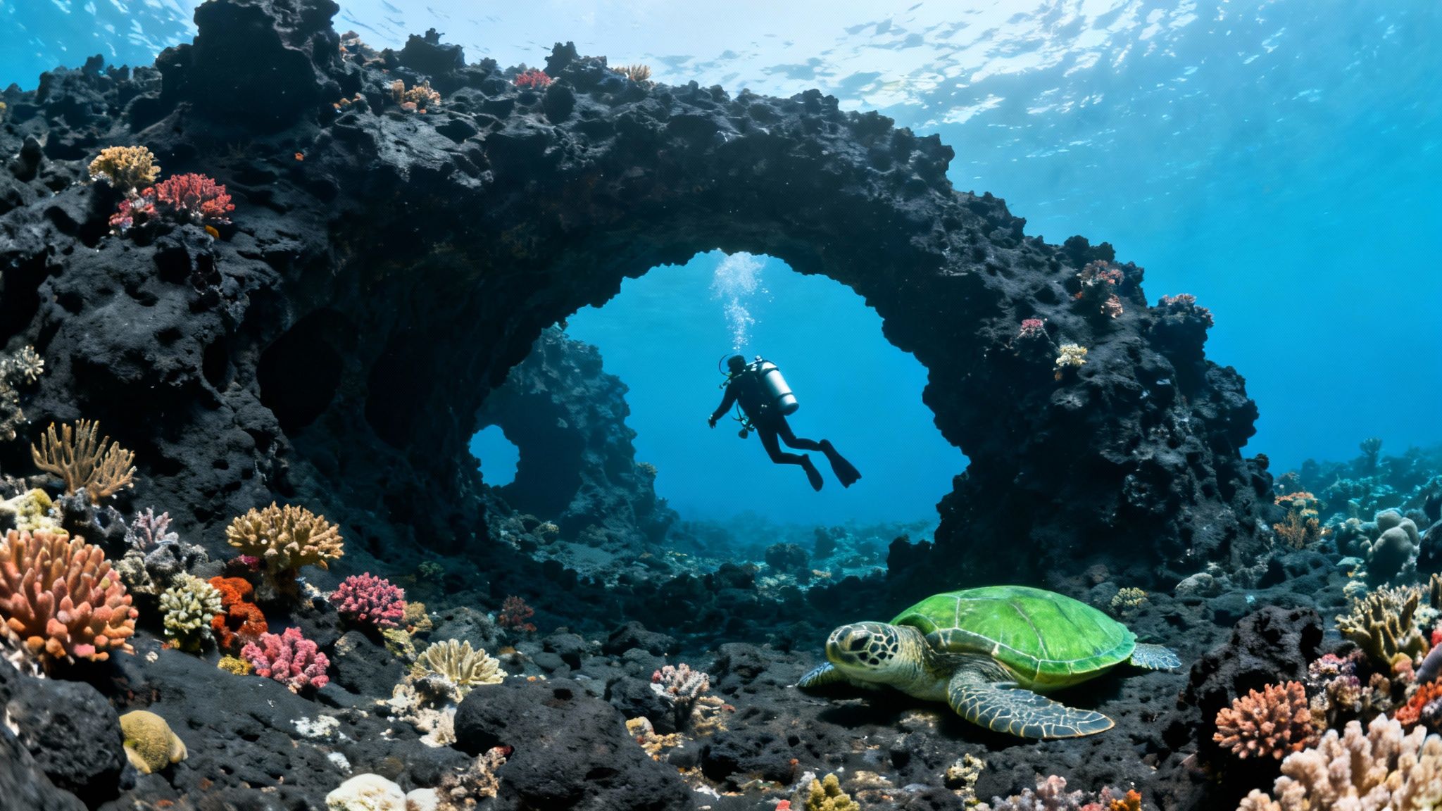 A scuba diver swims over a coral reef with tropical fish in the clear blue water of the Big Island, Hawaii.