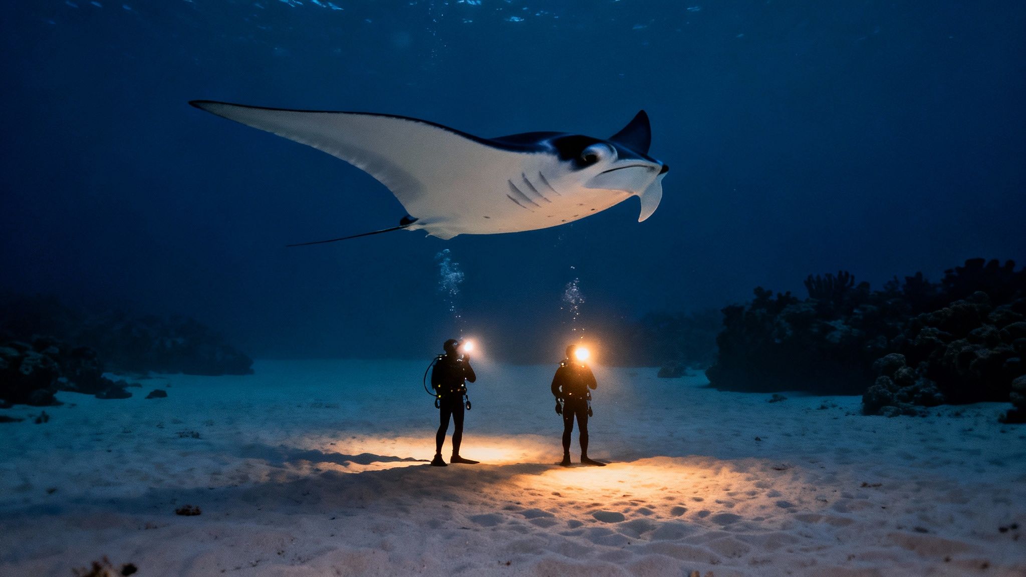 Two divers illuminate a majestic manta ray swimming gracefully above them in the dark ocean depths.