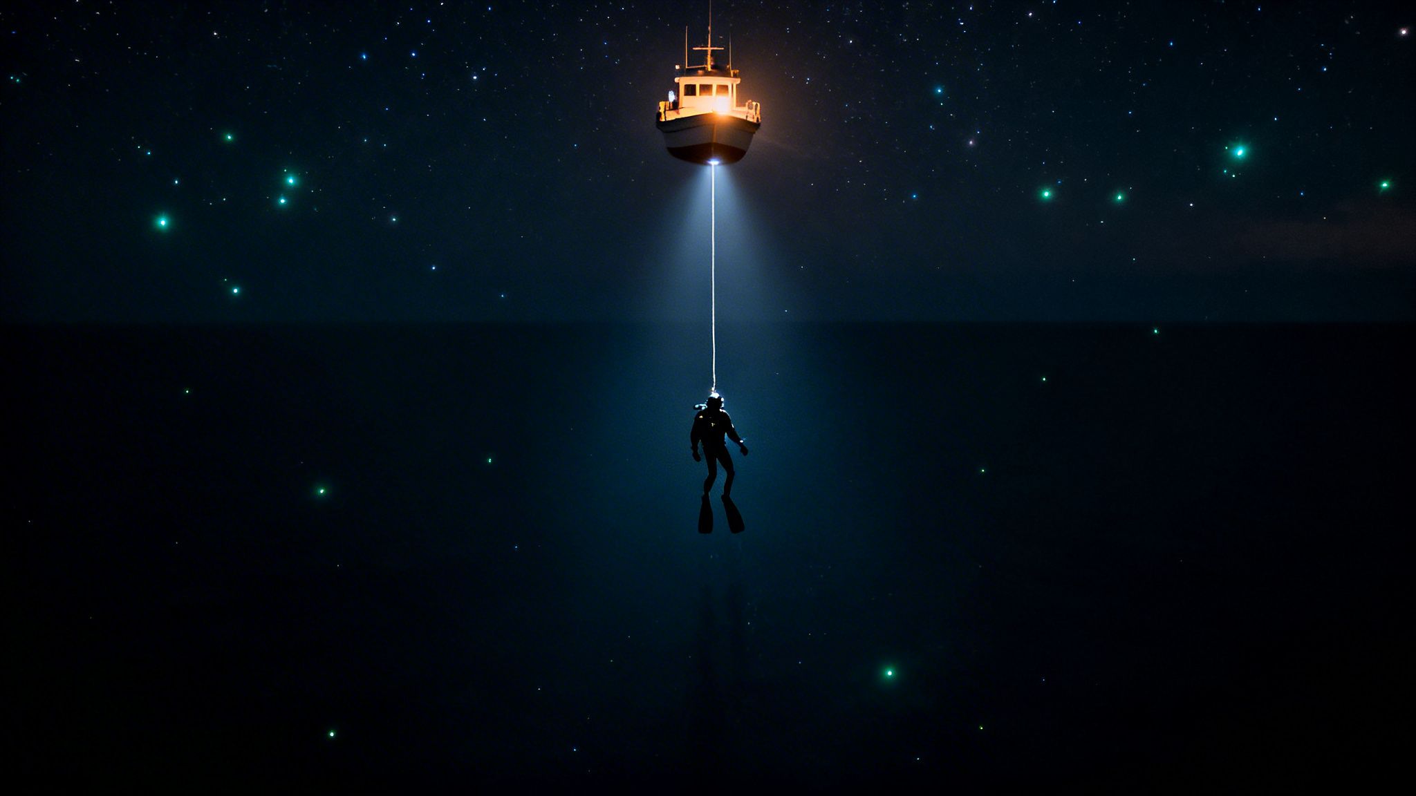 A diver descends from an illuminated boat into a dark, star-filled abyss, lit by a single beam.