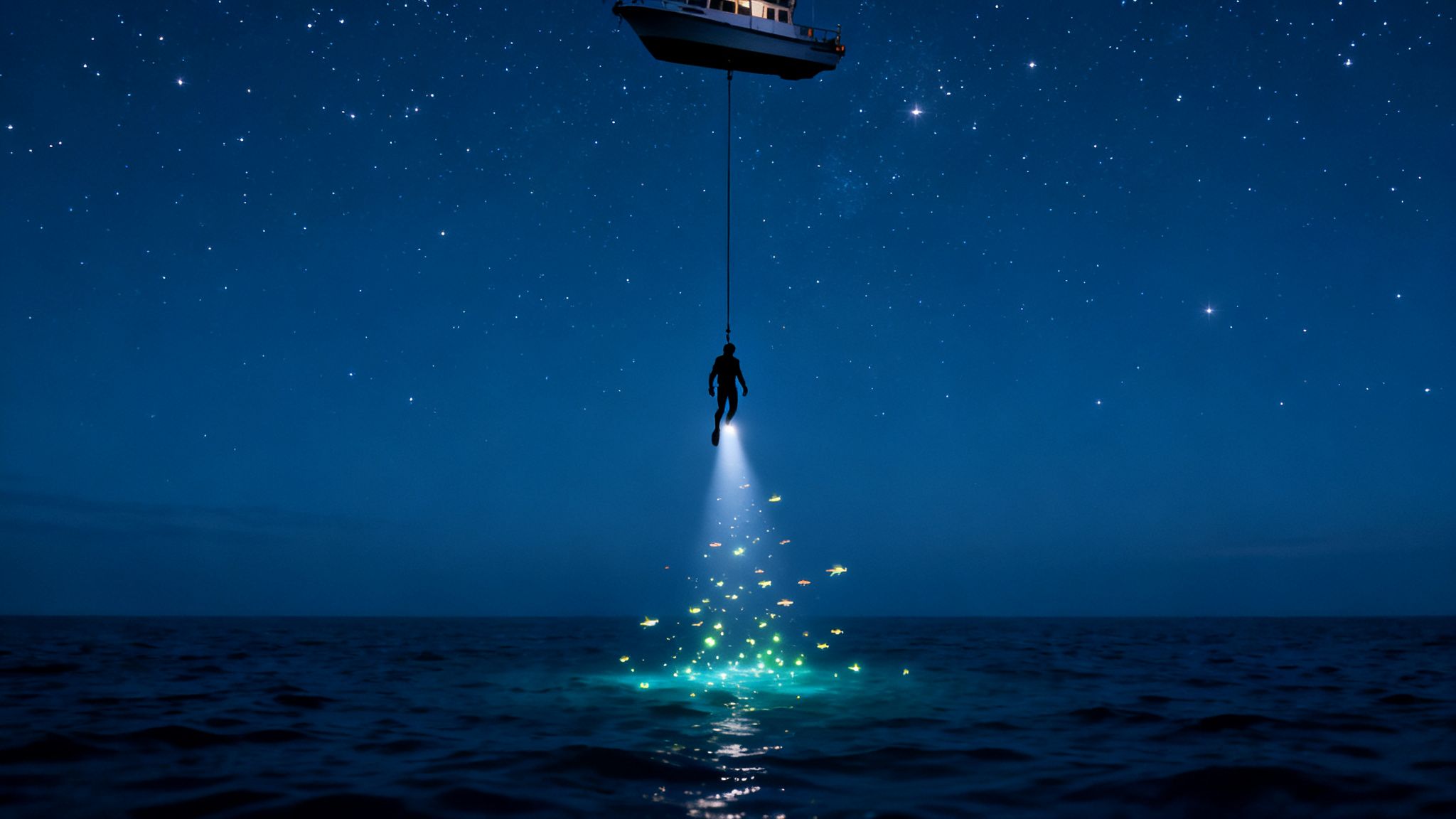 A person suspended from a boat shines a light on glowing fish in the dark ocean under a starry night.