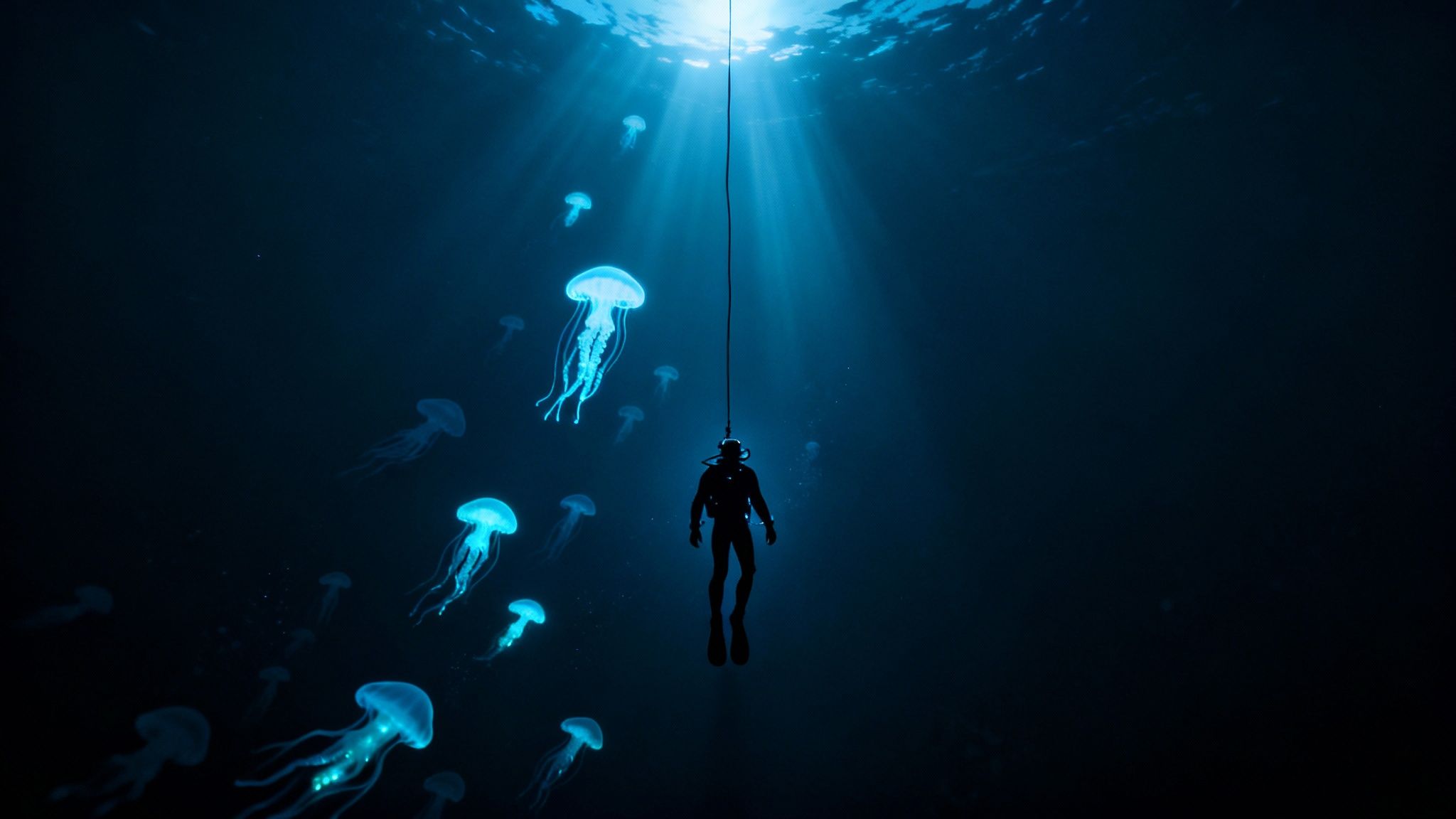 A scuba diver floats in deep blue water among numerous glowing jellyfish with sun rays from above.