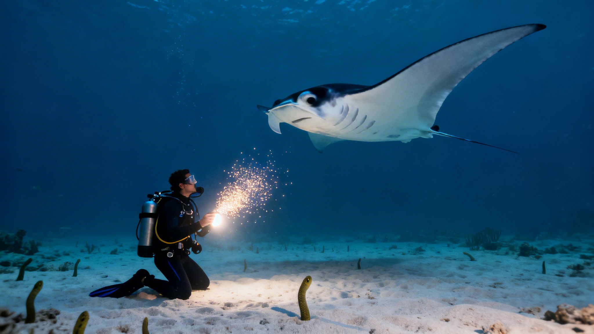 A scuba diver on the sandy ocean floor illuminates the water, attracting a majestic manta ray.