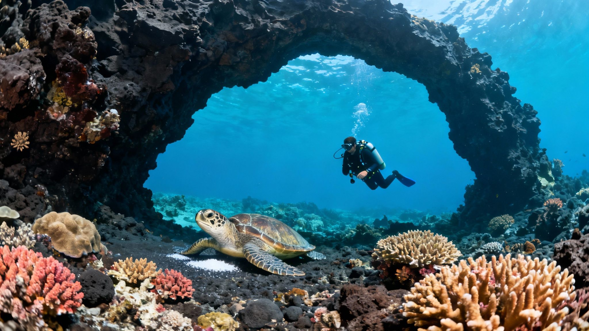 A diver observes a green sea turtle resting on the seabed surrounded by colorful corals under a natural rock arch.