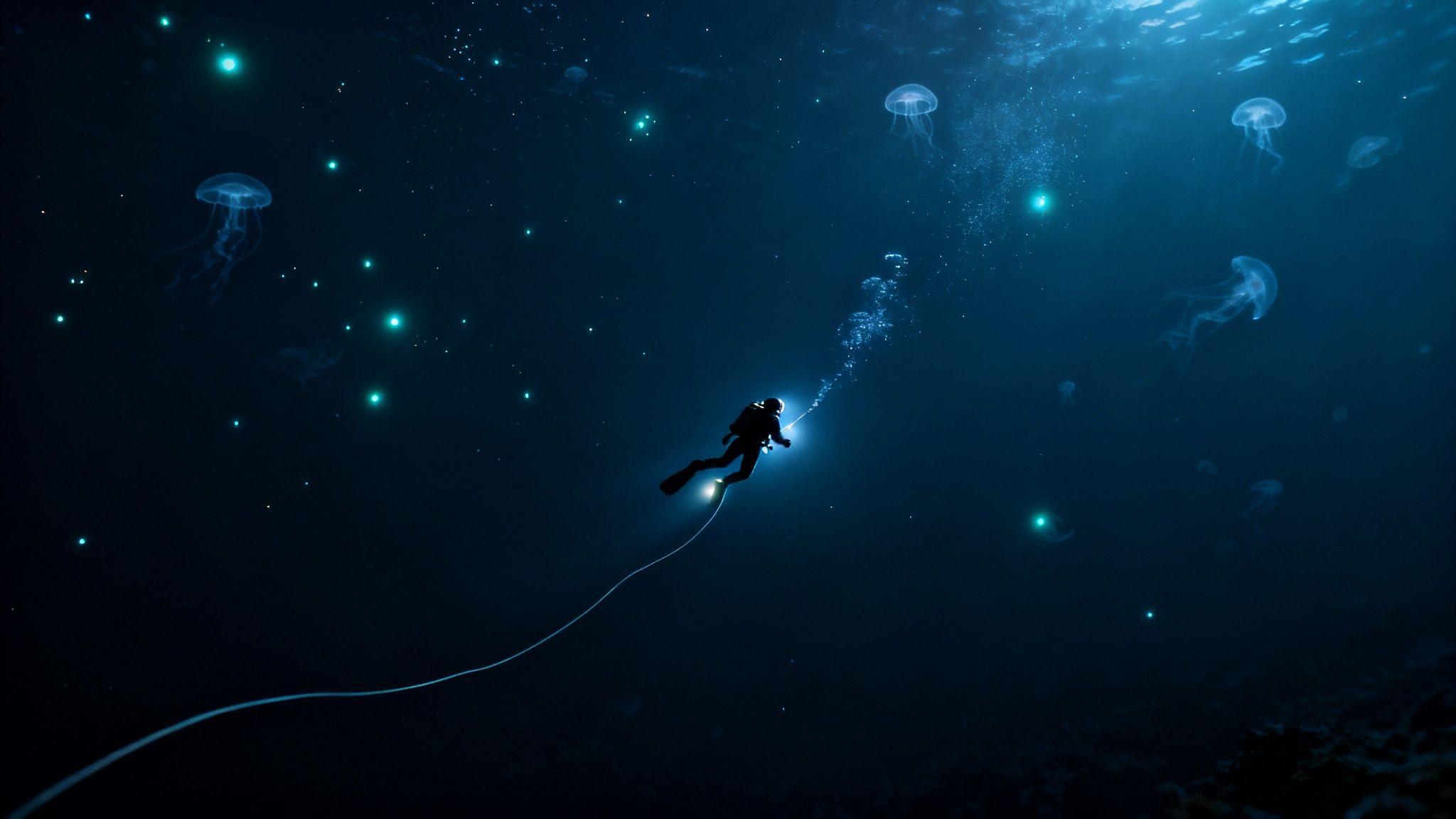 A lone scuba diver explores the deep, dark ocean surrounded by glowing jellyfish and bioluminescent lights.