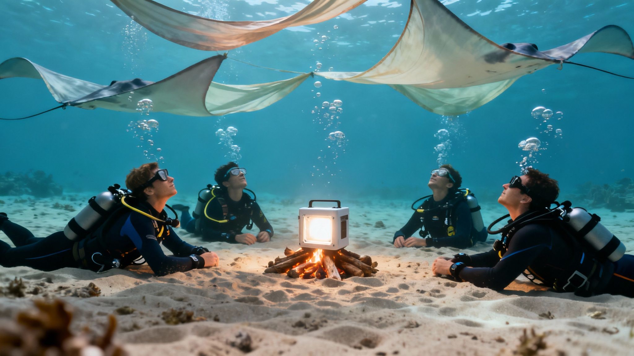 Scuba divers sitting around glowing campfire underwater watching manta rays swimming overhead