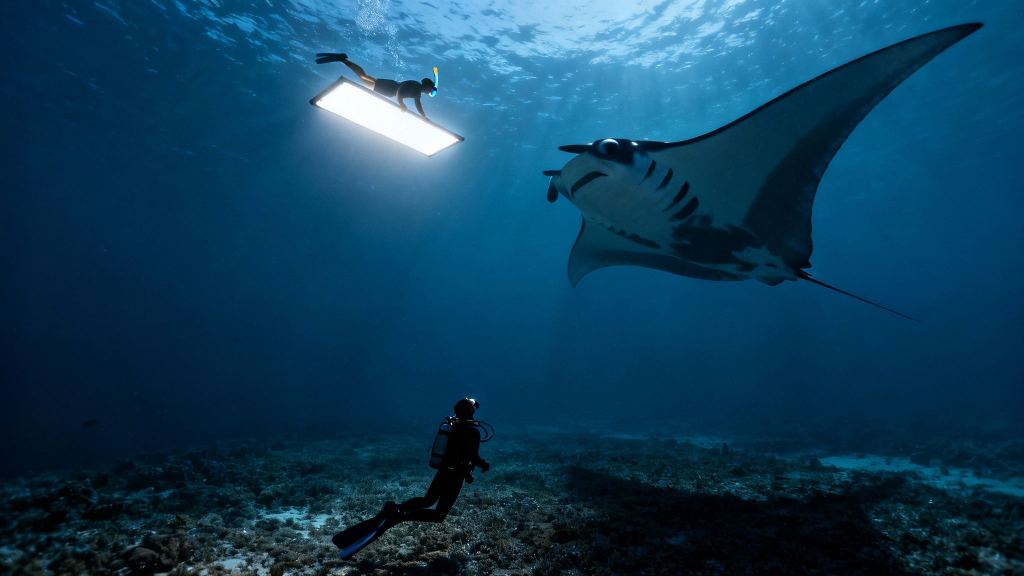 A snorkel diver illuminates the water with a light board, attracting a majestic manta ray, while a scuba diver watches below.