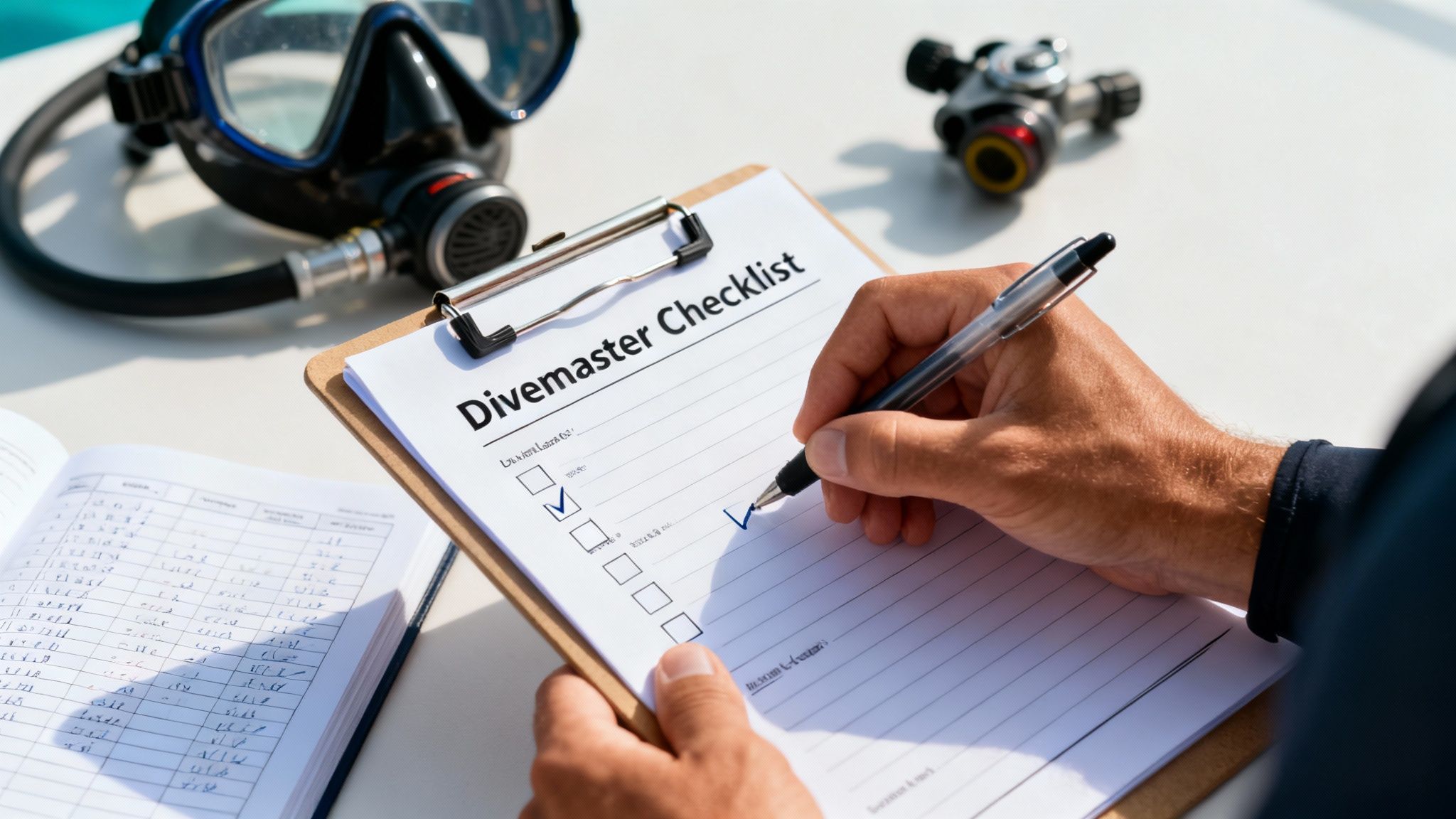 Person checking off items on a Divemaster Checklist with diving equipment nearby.