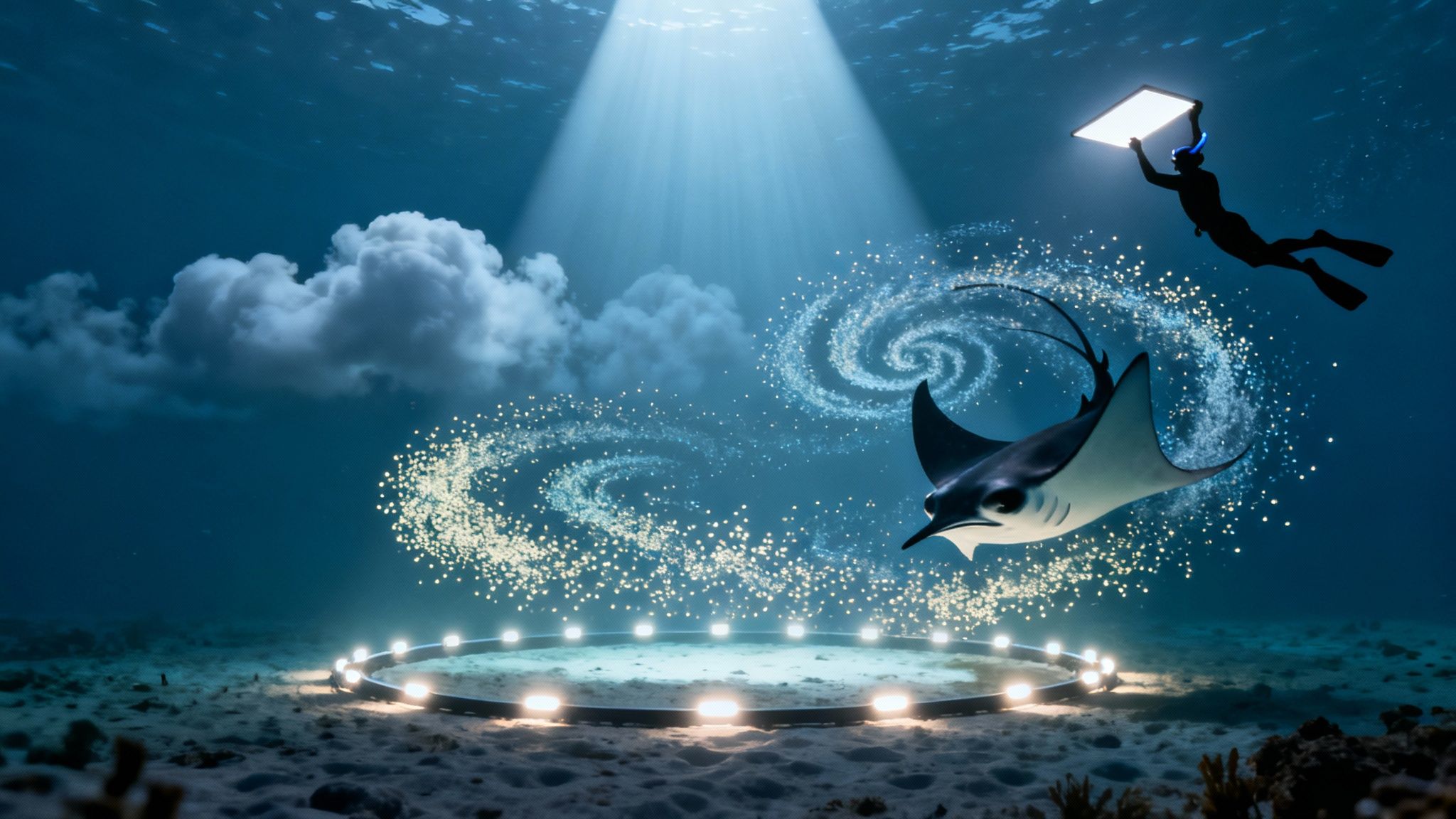 An ethereal underwater scene with a manta ray, diver, glowing particles, a light beam, and a ring of lights.