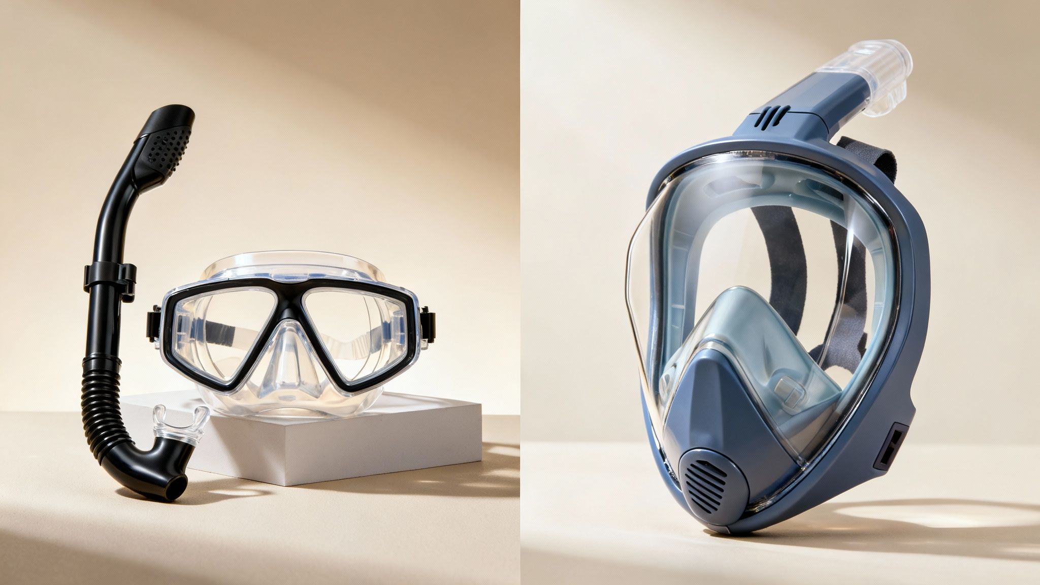 Two types of snorkeling gear: a traditional dive mask and snorkel, and a modern full-face snorkel mask.