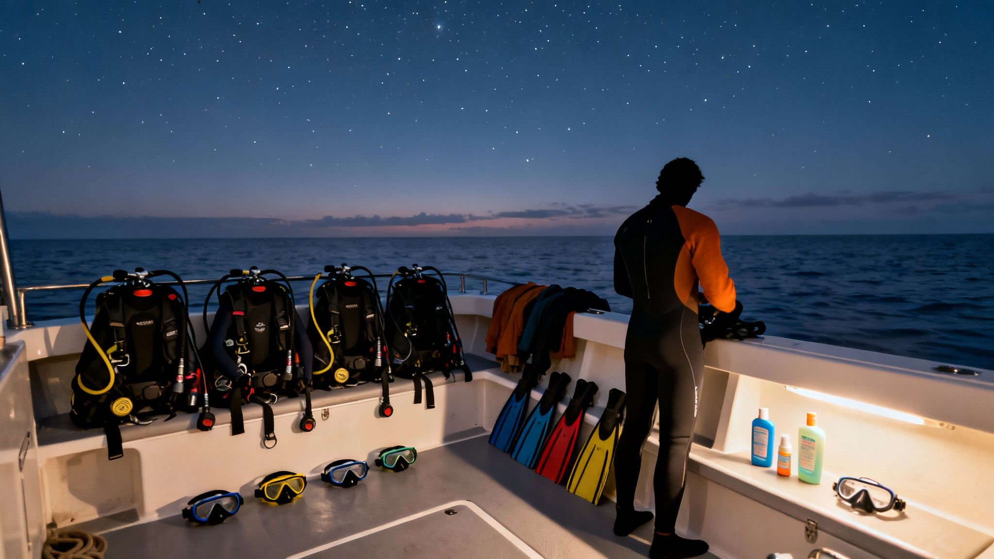 Night diving preparations on a boat with scuba gear and a diver under a starry sky.