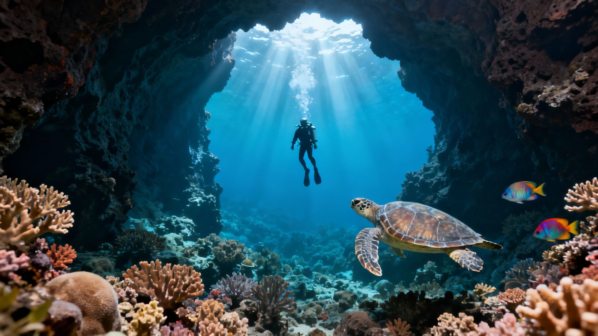 Scuba diver exploring underwater cave with sea turtle and colorful coral reef in tropical waters