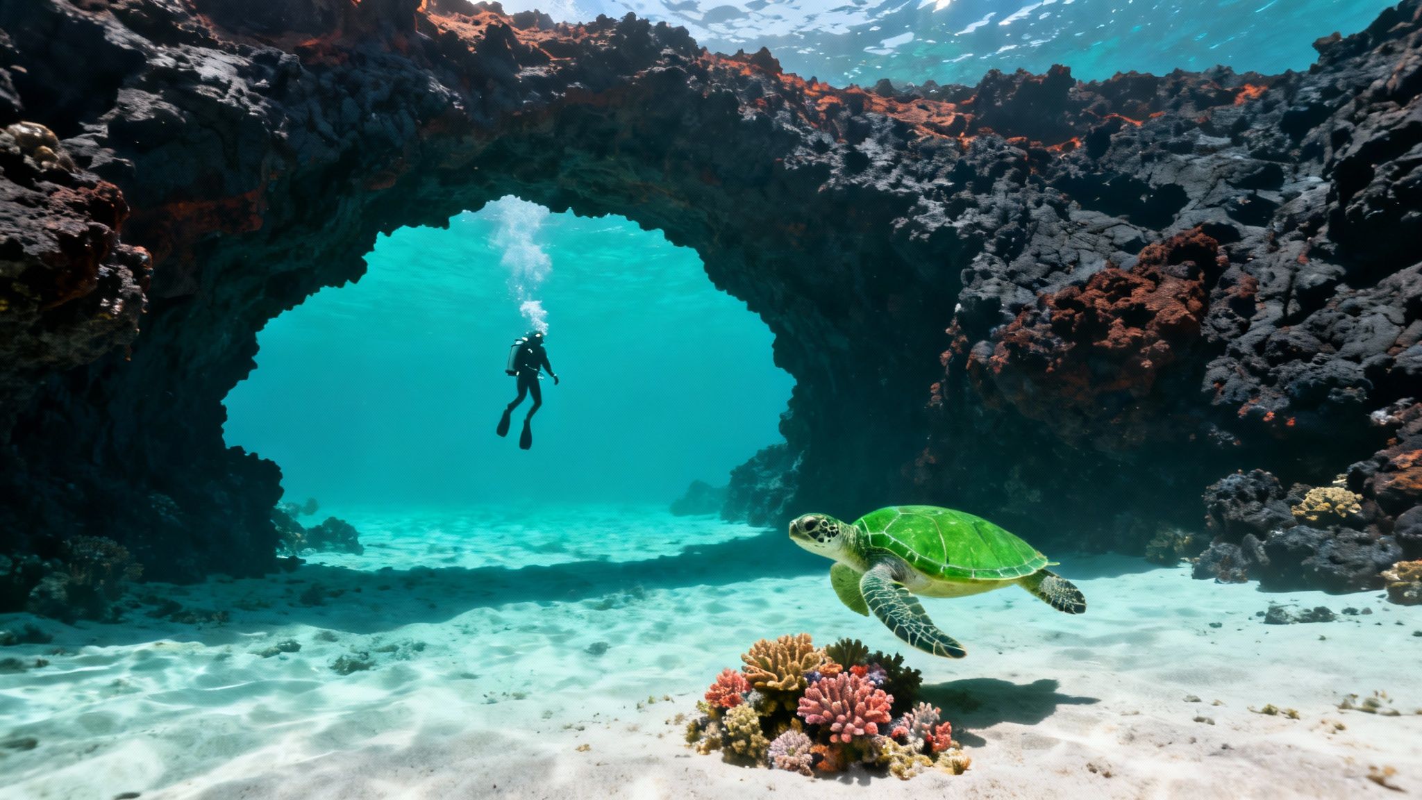A scuba diver explores a vibrant coral reef with clear blue water in the background.