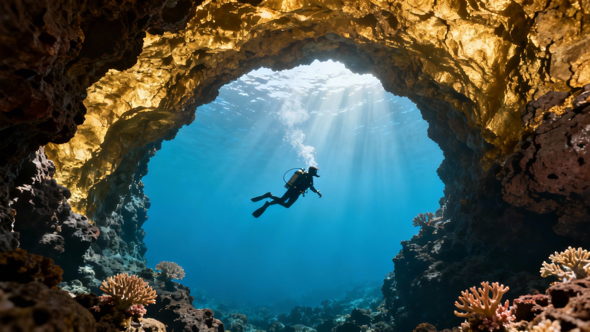 Scuba diver exploring underwater cave with sunlight streaming through coral reef opening