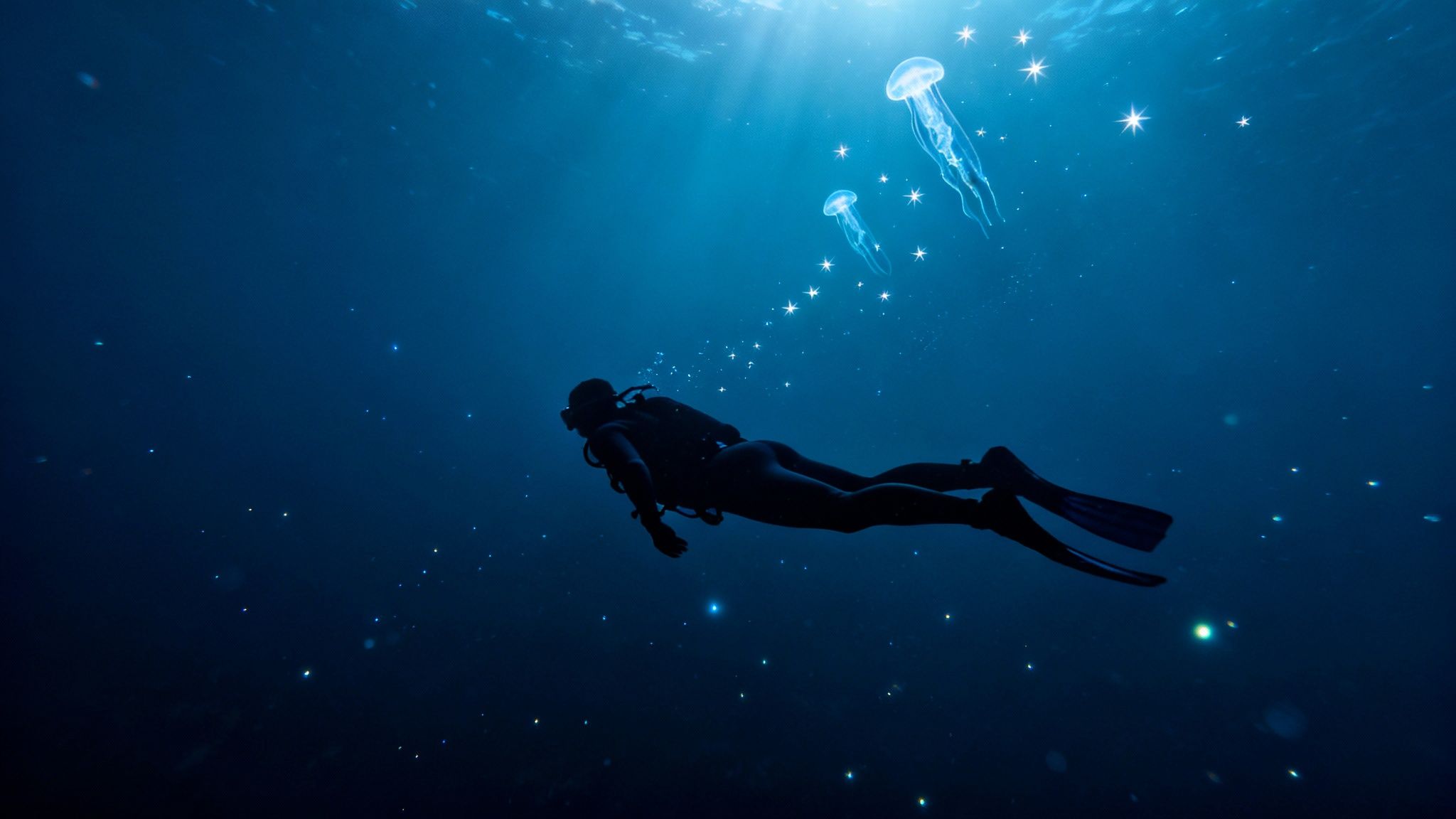 A diver explores the deep blue ocean, illuminated by surface light rays, with two graceful jellyfish.