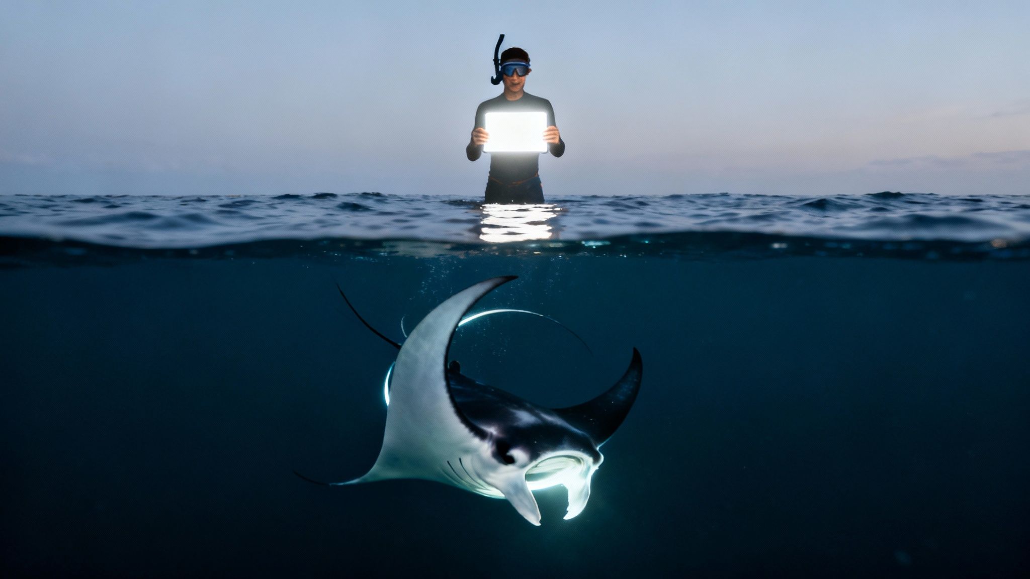 Snorkelers holding onto a light board at night, watching manta rays glide beneath them in Kona.