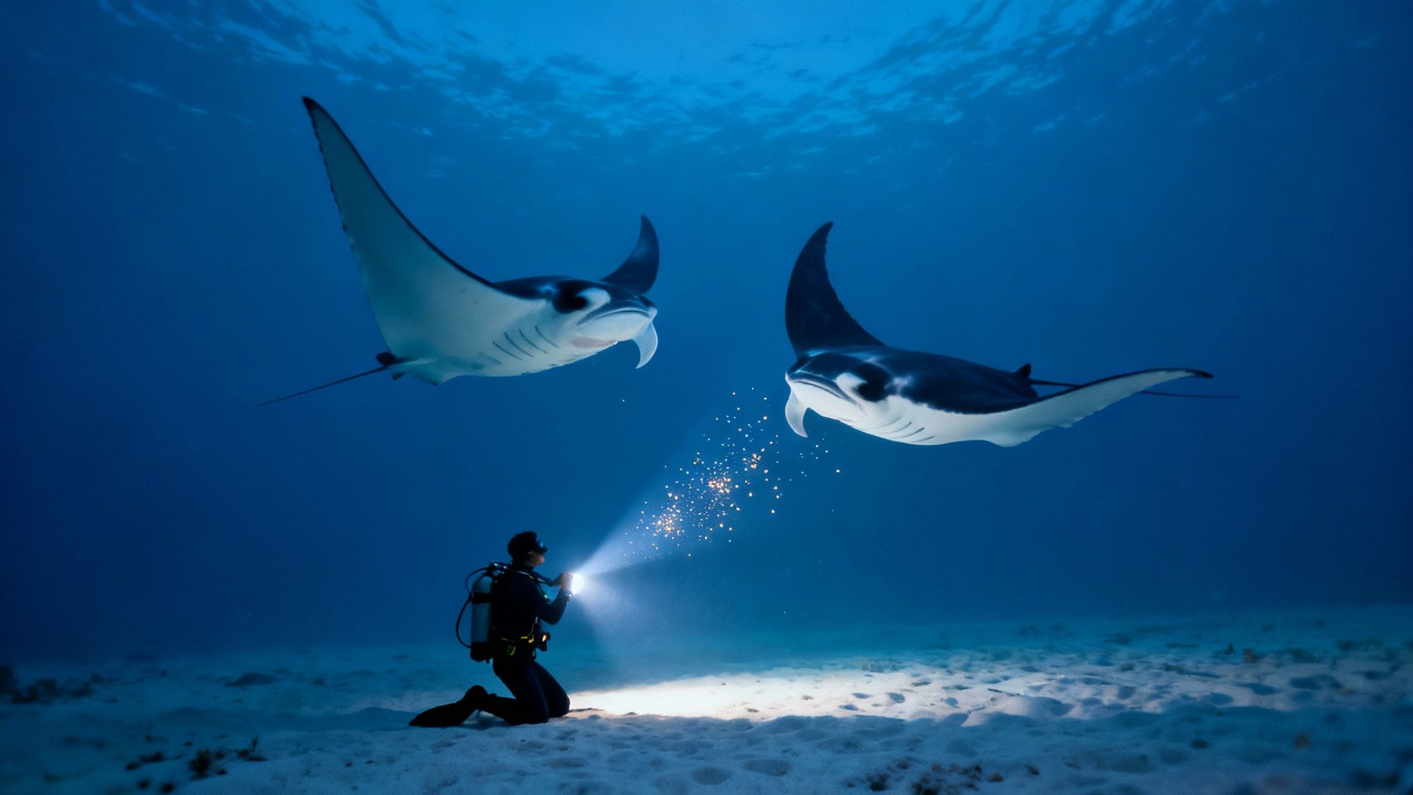 Massive manta rays glide gracefully through the water during a night dive in Kona.
