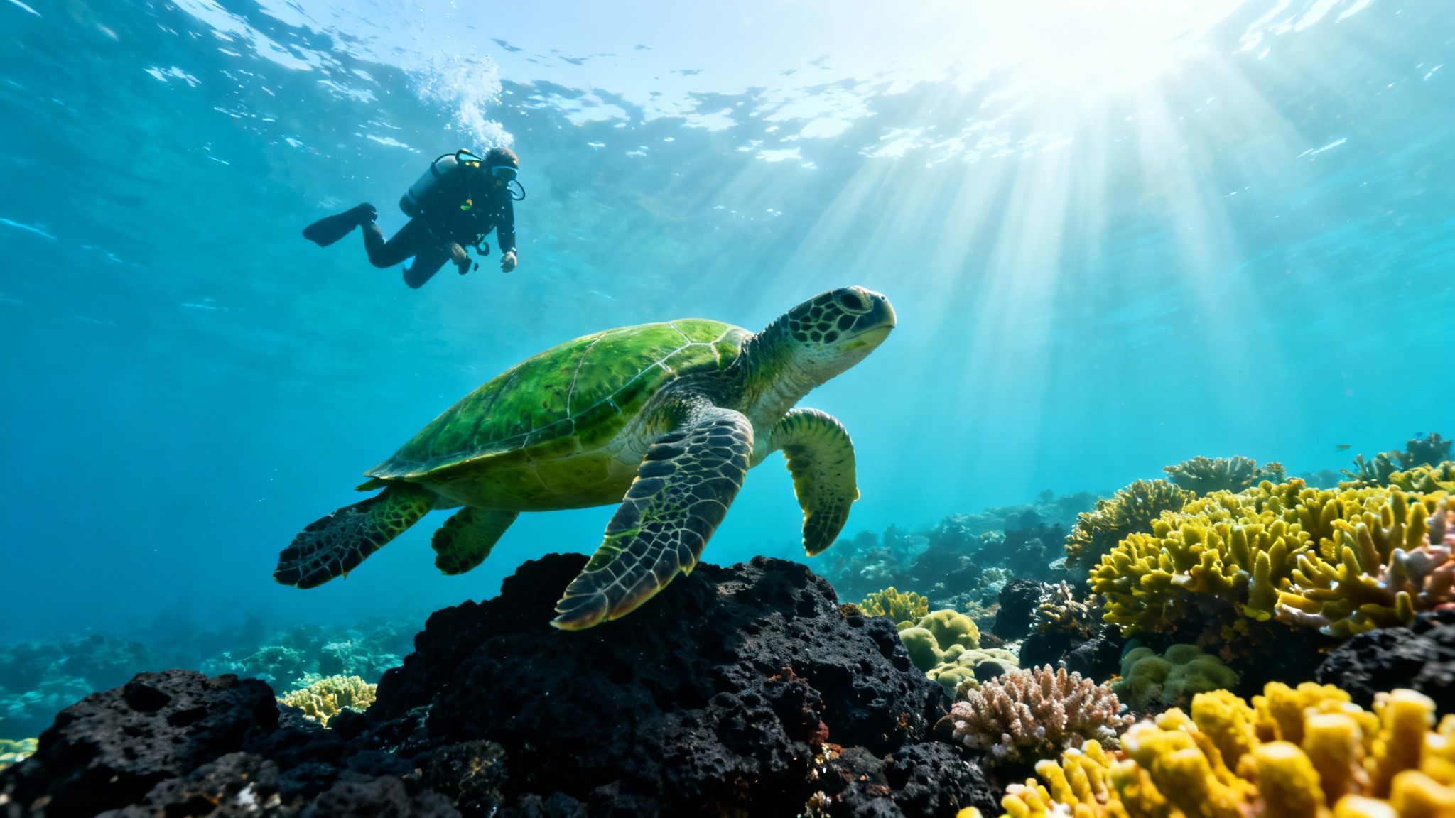 A vibrant green sea turtle swims gracefully in clear blue water while a scuba diver observes from above.