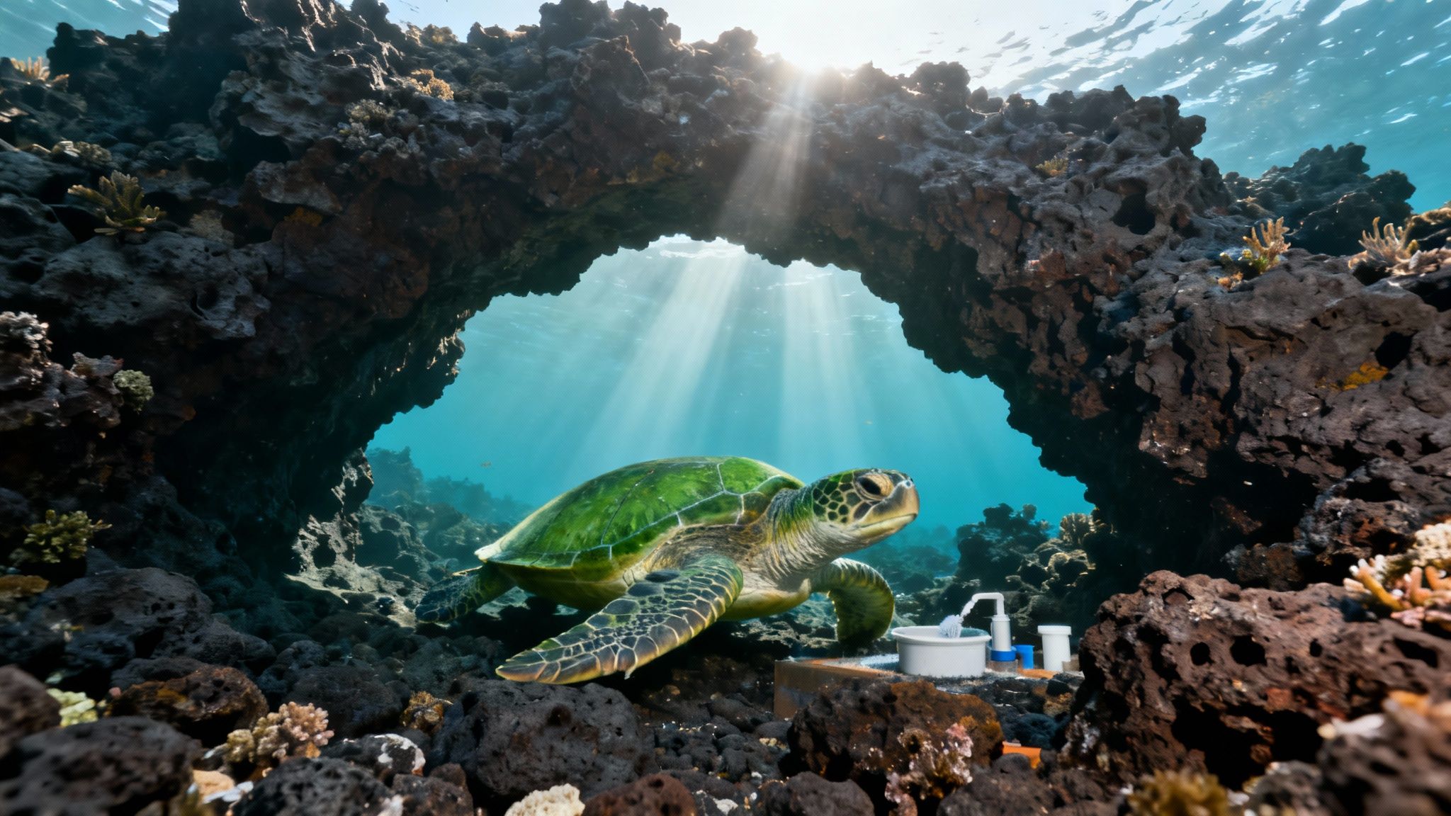 Green sea turtle swimming through coral reef arch with sunlight beams in Hawaii waters