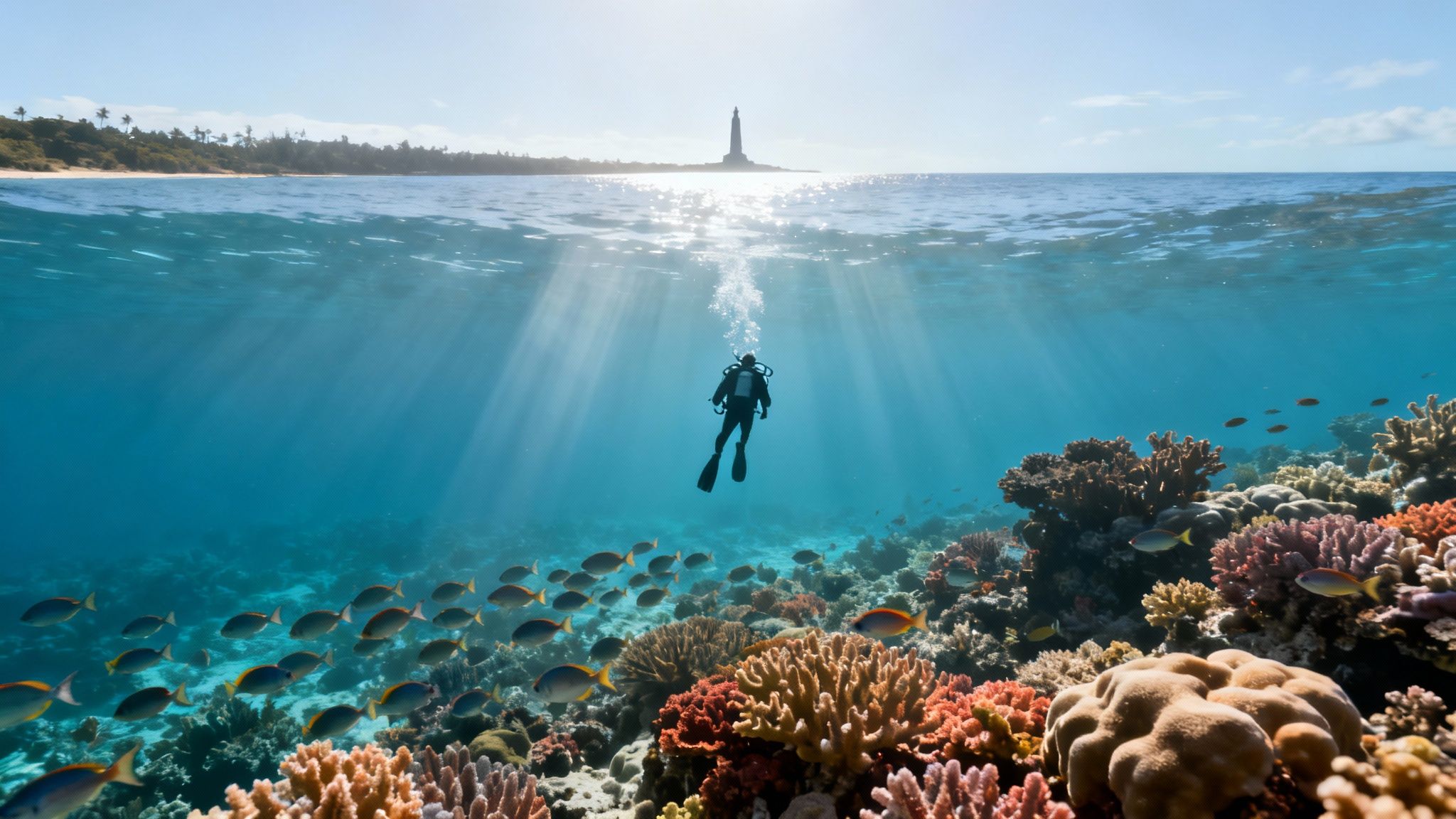 Scuba diver exploring a vibrant coral reef with fish below and a sunny beach with a lighthouse above.